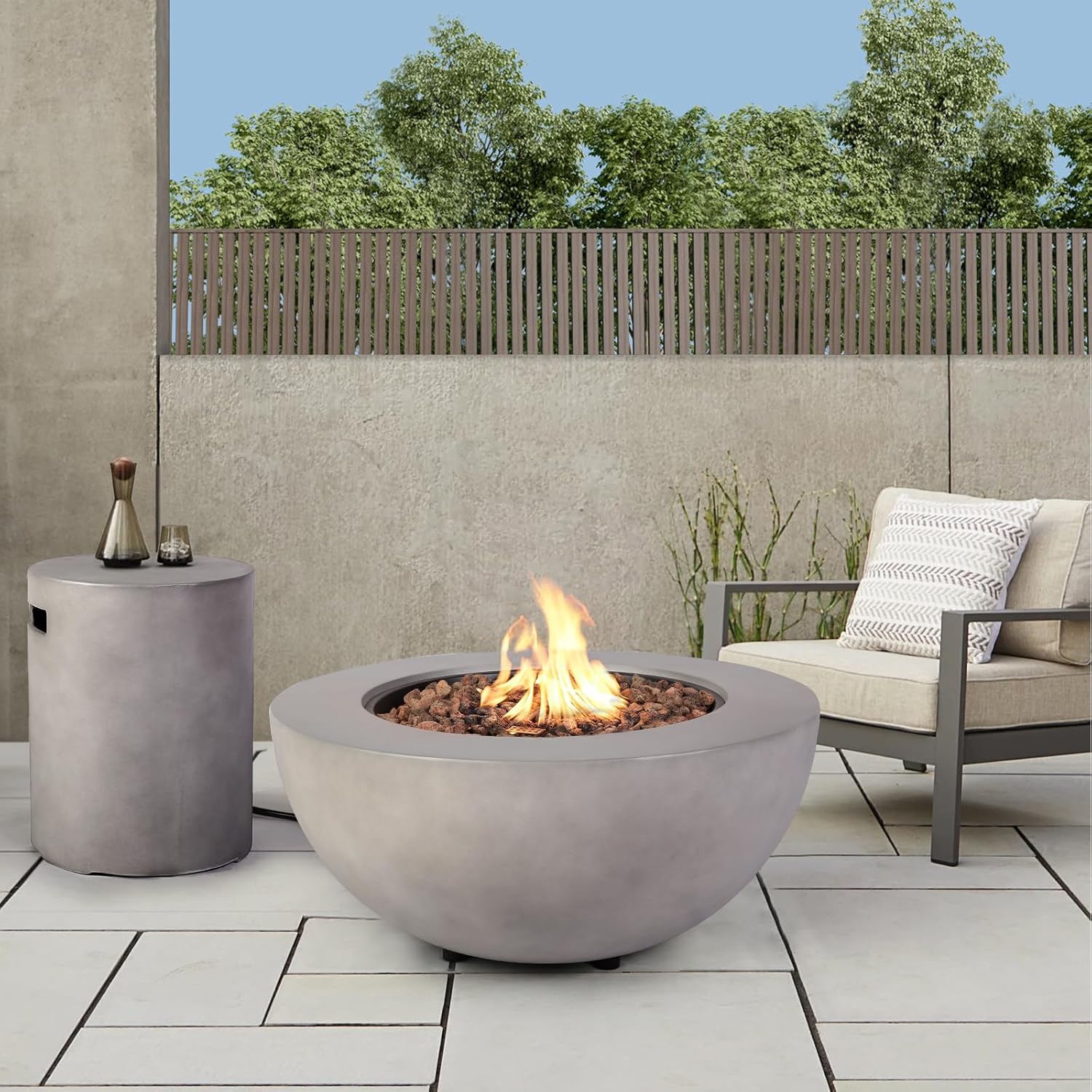 2-Piece Outdoor Propane Fire Pit Table Set w/Tank Cover Table, 31.5-inch 50,000 BTU Bowl Concrete Firepit SUS201 Round Burner with Steel Lid, Lava Rocks, Rain Cover…