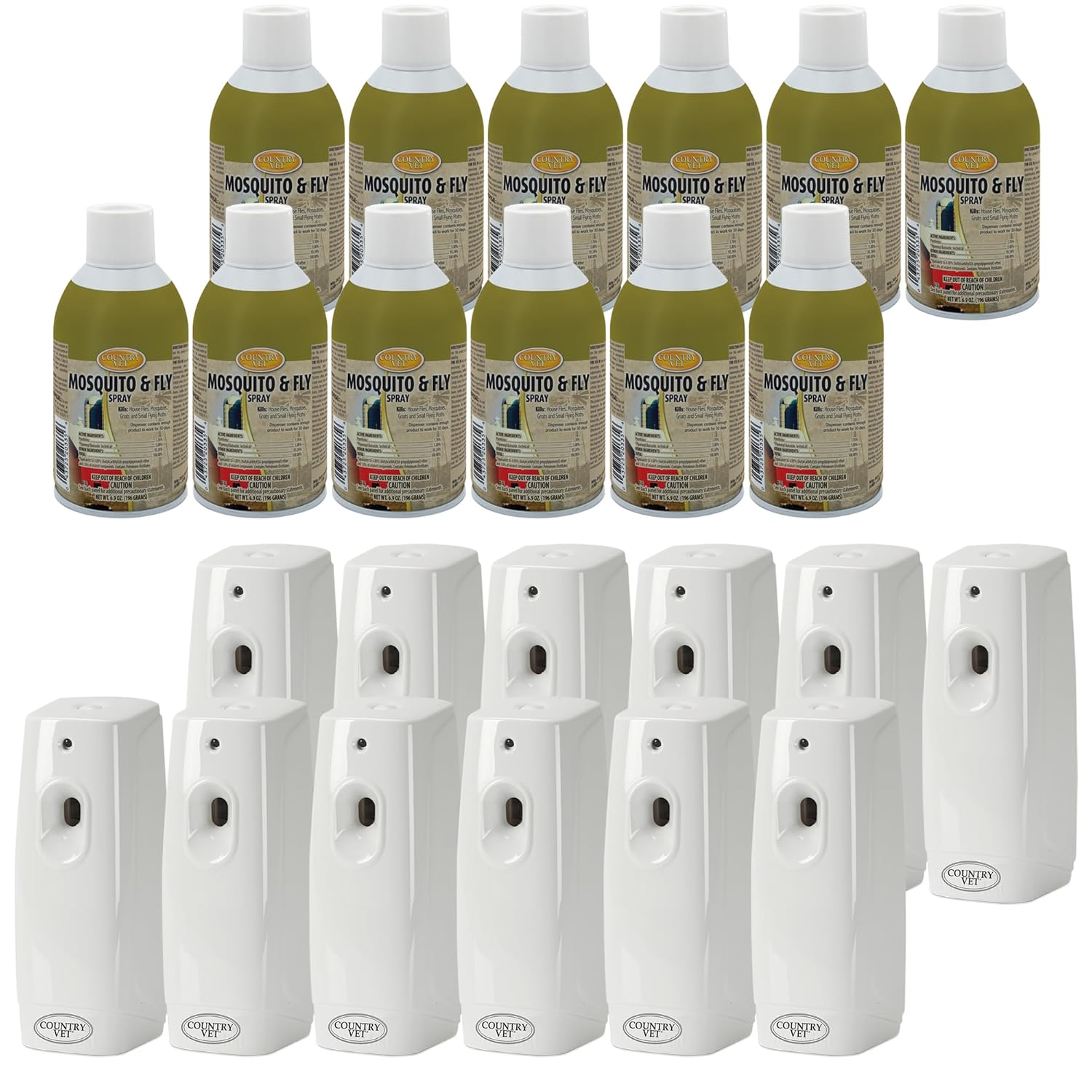 Country Vet Mosquito+Fly Metered Spray Refill (Case of 12) & Automatic Metered Dispenser (Case of 12) - 342033CVA - Great for Barns, Stables, Farms, Stalls and Outdoor Insect/Fly Prevention