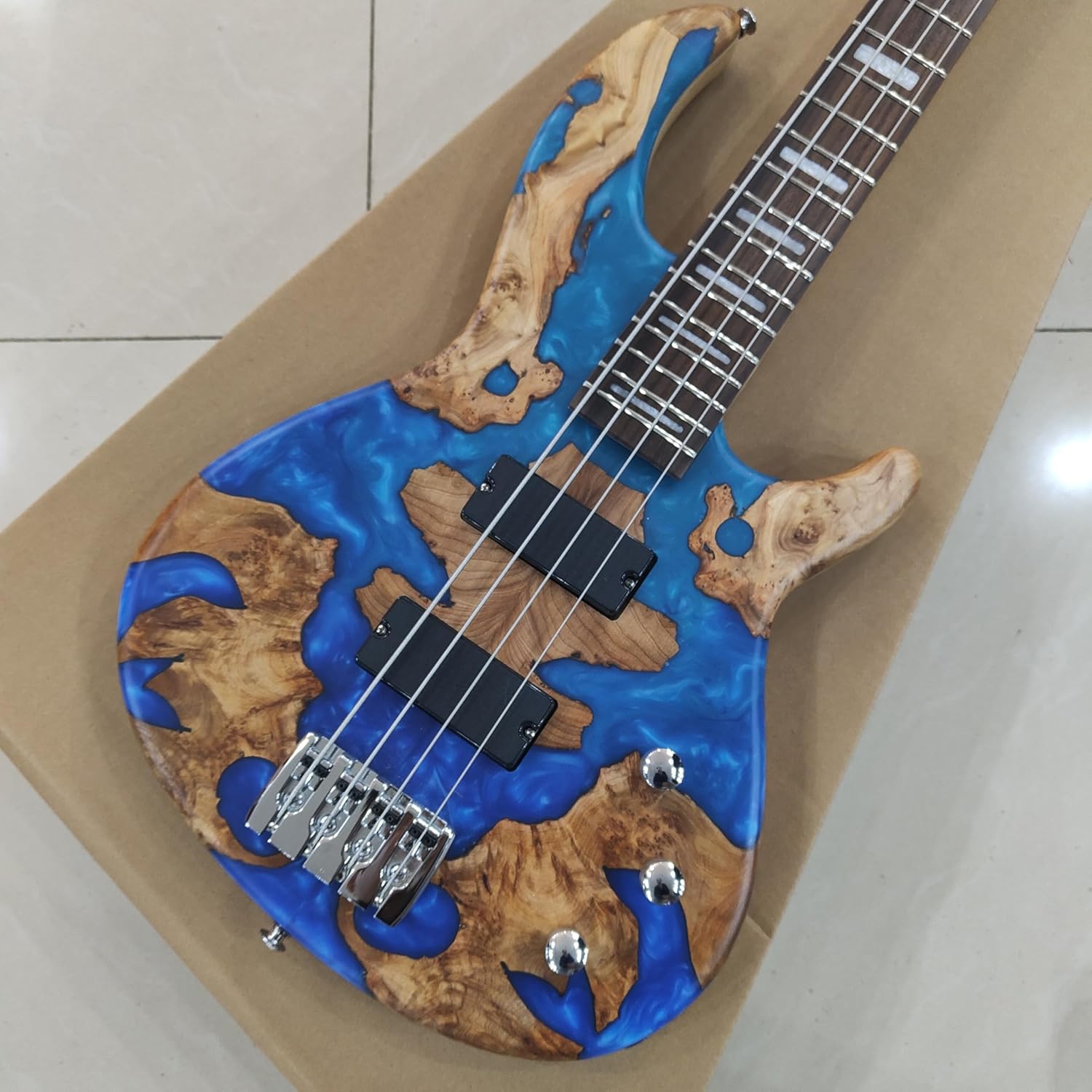 Electric Bass Guitar with Blue Epoxy and Natural Wood Design, 4-String, Chrome Hardware