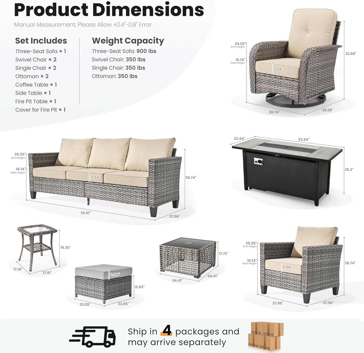 ovios 10 Pieces Patio Furniture Set, Outdoor Wicker Sofa Couch with Rocking Swivel Chairs Solar Lights Table Fire Pit, Modern Deep Seat Rattan Conversation Sets, Beige