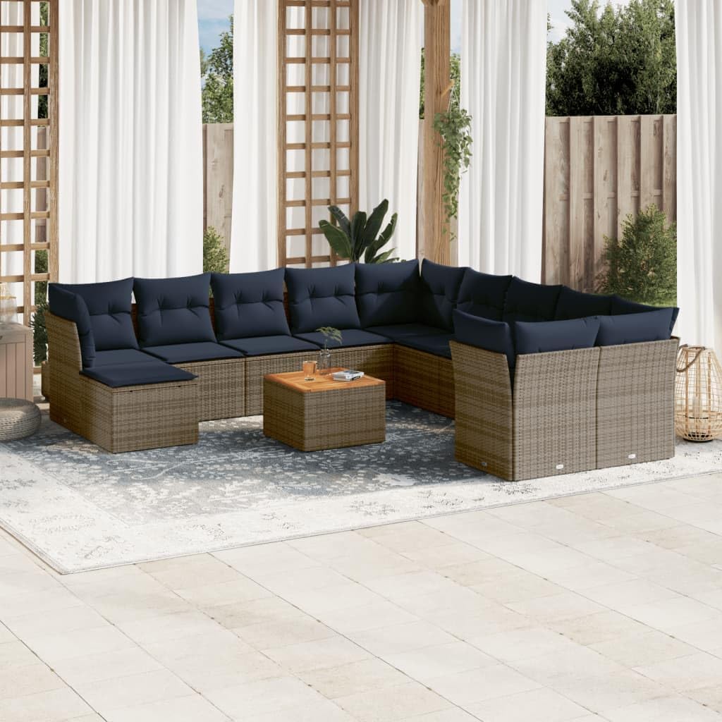 12 Piece Patio Sofa Set with Cushions, Gray Poly Rattan Outdoor Sectional Furniture, Modular Design for Backyard Deck, UV-Proof
