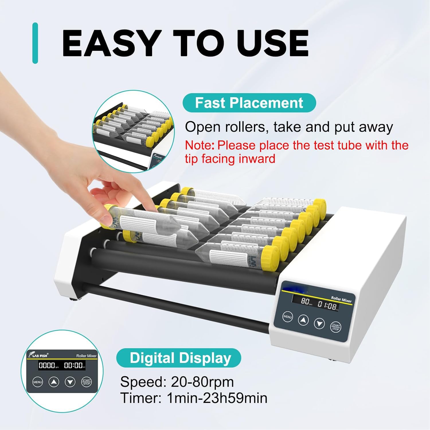 Lab Roller Mixing Machine, Lab Orbital Shaker Mixer(20-80rpm), Drum: 6/8 Rollers(Length:28CM), with Continuous/Timer Mode, High/Low Axis, for 6-34 MM Centrifuge Tubes,8pro
