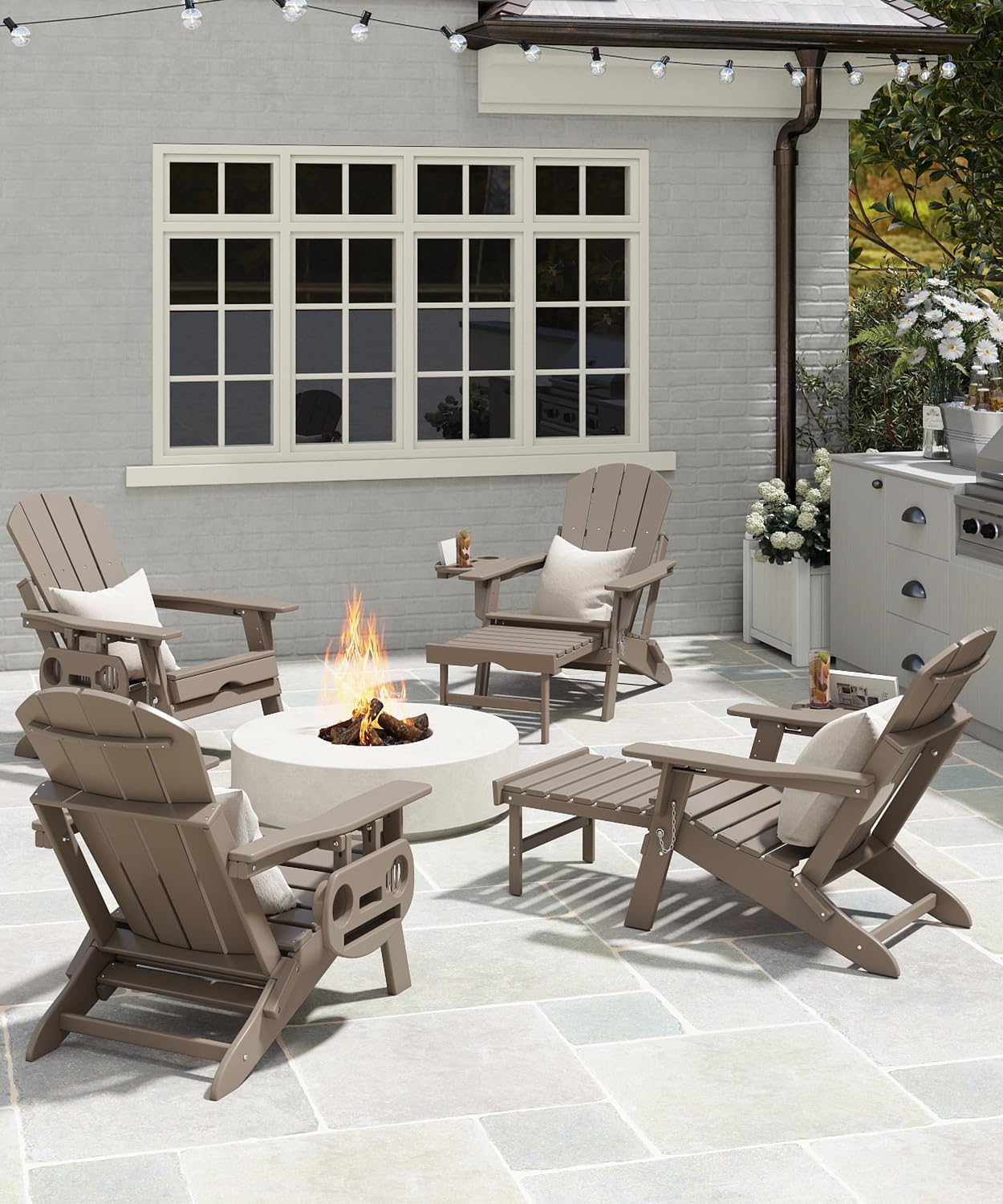 Adjustable Adirondack Chair with Retractable Ottoman Set of 2, HDPE Folding Adirondack Chair with Cup Holder, All Weather Fire Pit Chair for Outdoor.