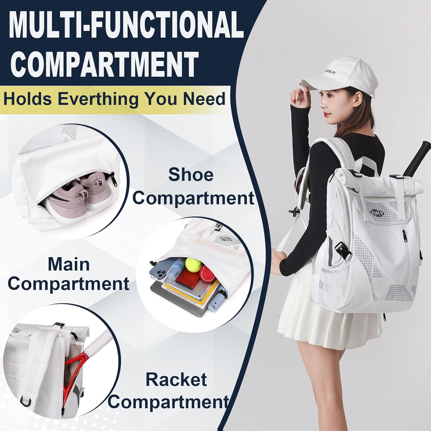 UMGG Tennis Bag Tennis Backpack for Women Men Holds 2 Rackets with Shoe Compartment, Large Pickleball Backpack Hold Tennis Racket, Pickleball Paddles, Badminton Racquet
