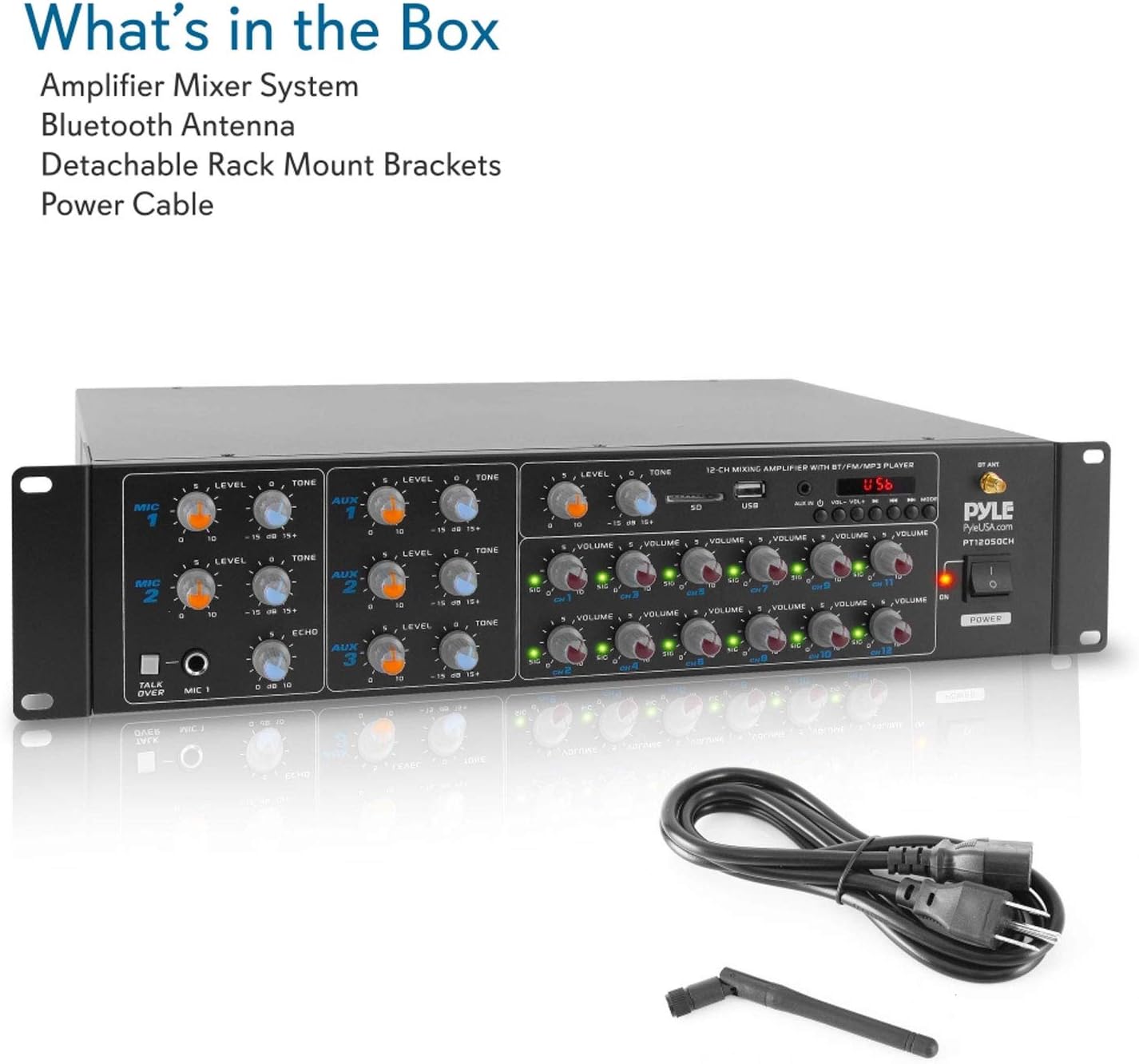 Pyle 12 Channel Power Amplifier w Bluetooth Wireless- 600W Max Power Rack Mount Amplifier with Multi-Zone Sound Mixer–RCA, USB and AUX inputs-Great for Restaurant, Theater, Studio or Stage- PT12050CH