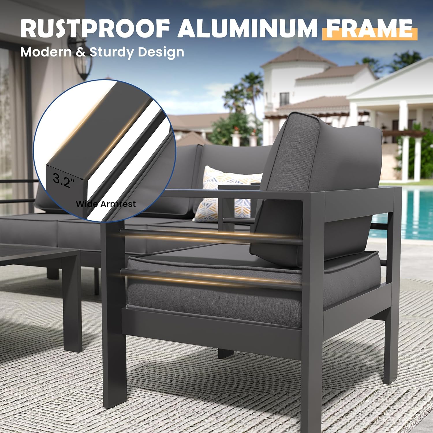 Amopatio Aluminum Patio Furniture Set, 10 Pieces Modern Patio Conversation Sets, Outdoor Sectional Metal Sofa with Coffee Table for Balcony, Garden, Dark Grey (Included Waterproof Covers)
