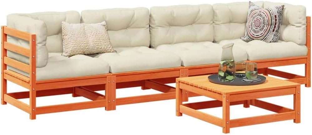 5-Piece Garden Sofa Set, Wax Brown Solid Pine Wood, Oxford Fabric, PP Cotton, Modular Outdoor Patio Furniture for 5 People, Breathable Design