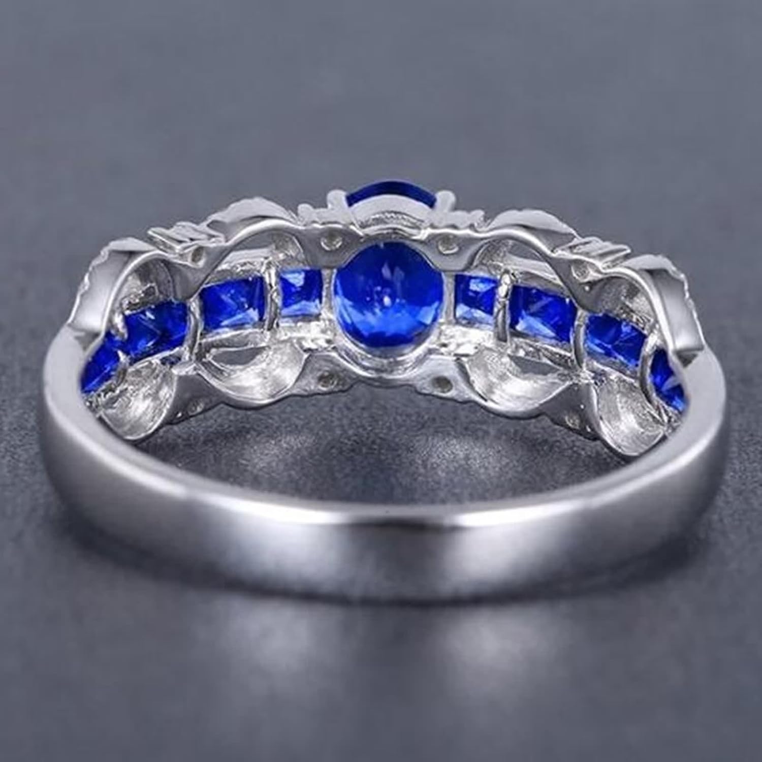 18K White Gold Ring for Women, Proposal Ring Lab Created Sapphire 4 Claws White Gold Band with Moissanite for Engagement Wedding
