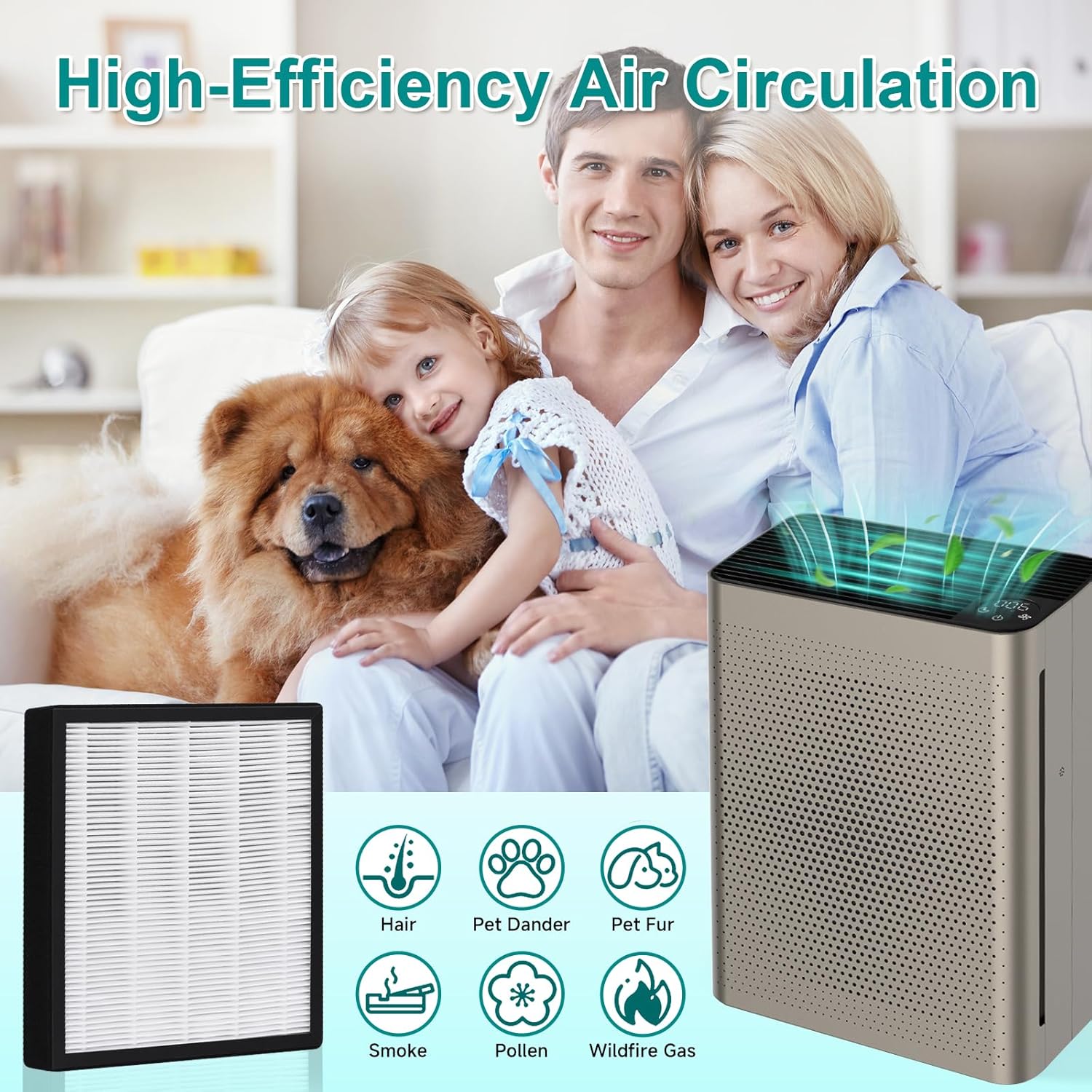 Air Puifiers for Home Large Room up to 1076 Ft² in 1 Hr with Automatic Function,Air Quality Monitor,Negative ion purification,Sleep Mode,24db,HEPA for Allergies,Smoke,Pet Hair (gold)