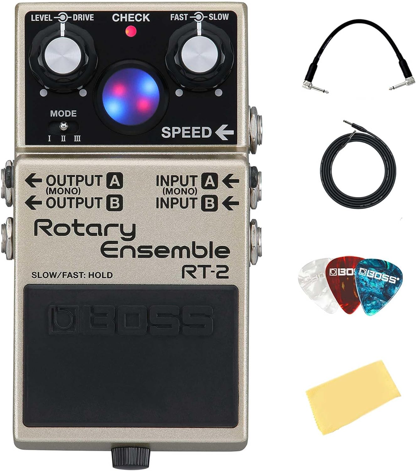 Boss RT-2 Rotary Ensemble Guitar Effects Bundle with Instrument Cable, Patch Cable, Picks, and Austin Bazaar Polishing Cloth