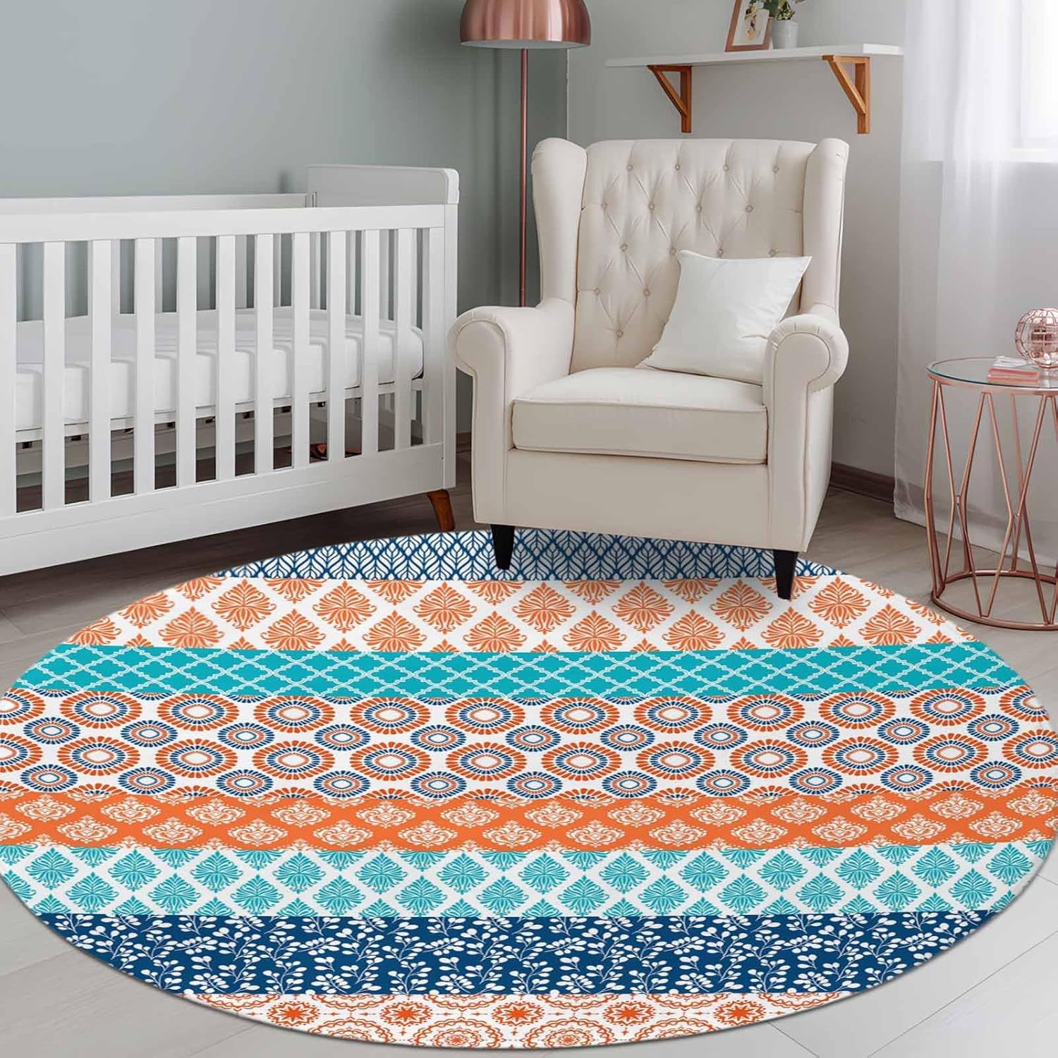 Round Area Rug,8ft Washable Circle Rugs Boho Orange Abstract Geometric Soft Non-Slip Carpet Indoor Floor Mat for Home Living Room Bedroom Office,Morocco Ethnic Damask Floral