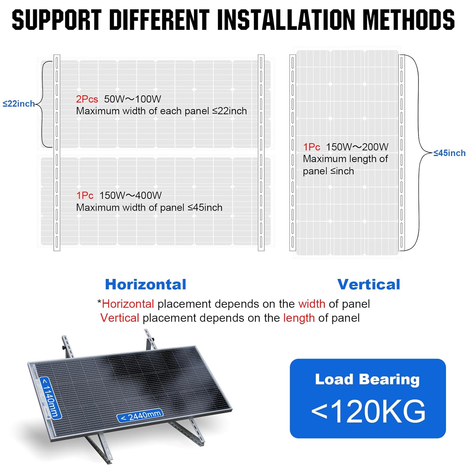 ECO-WORTHY 2 Sets 45inch Solar Panel Mount Brackets Adjustable Tilt Mount Brackets, Suitable for 2-4pcs 100 200 300 400 Watt Solar Panel for Roof, RV, Boat, and Off-Grid