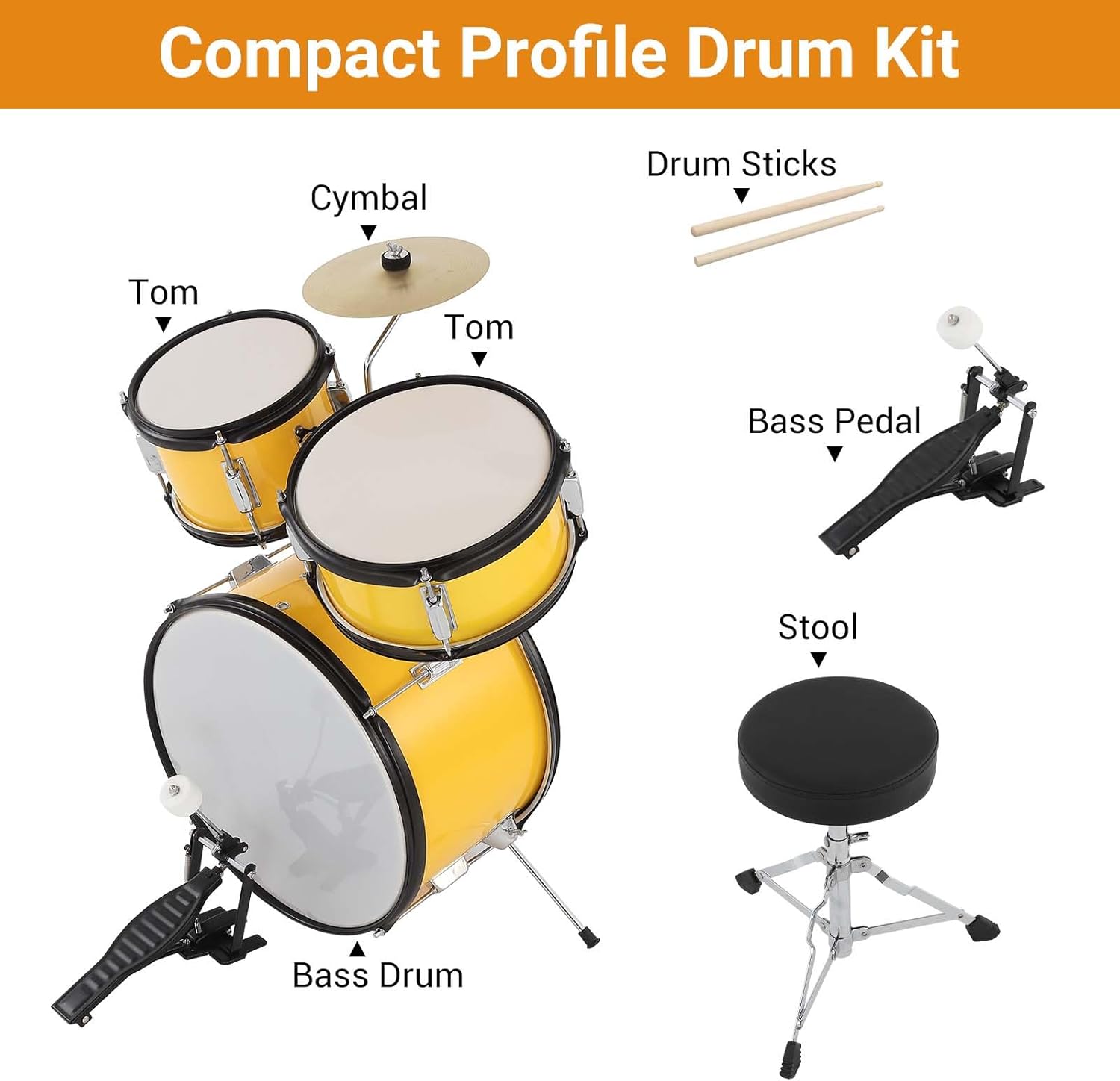 Senfot Drum Set for Musical Instruments, AD-300 Five Piece Drums with Bass Drum, Tom-Tom, Snare, Cymbals, Hi-Tone Drum, Sticks, Base Pedal and Stool, Beginner Set (Yellow, 5-Piece)