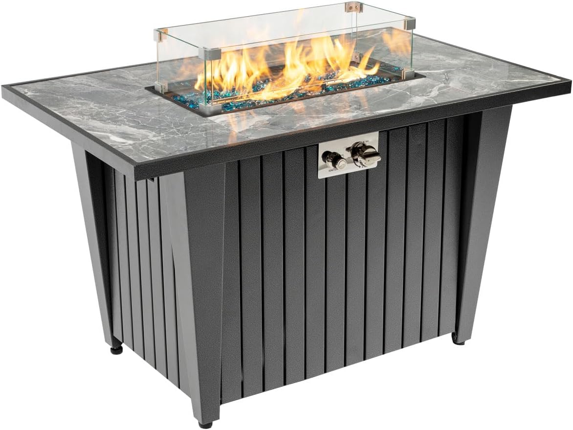 42'' Fire Pit Table with Natural Gas Conversion Kit, Marble Tile Ceramic Tabletop with Glass Wind Guard, Inclined Leg and Art Powder Design, Blue Glass Rocks, Including Lid&Cover