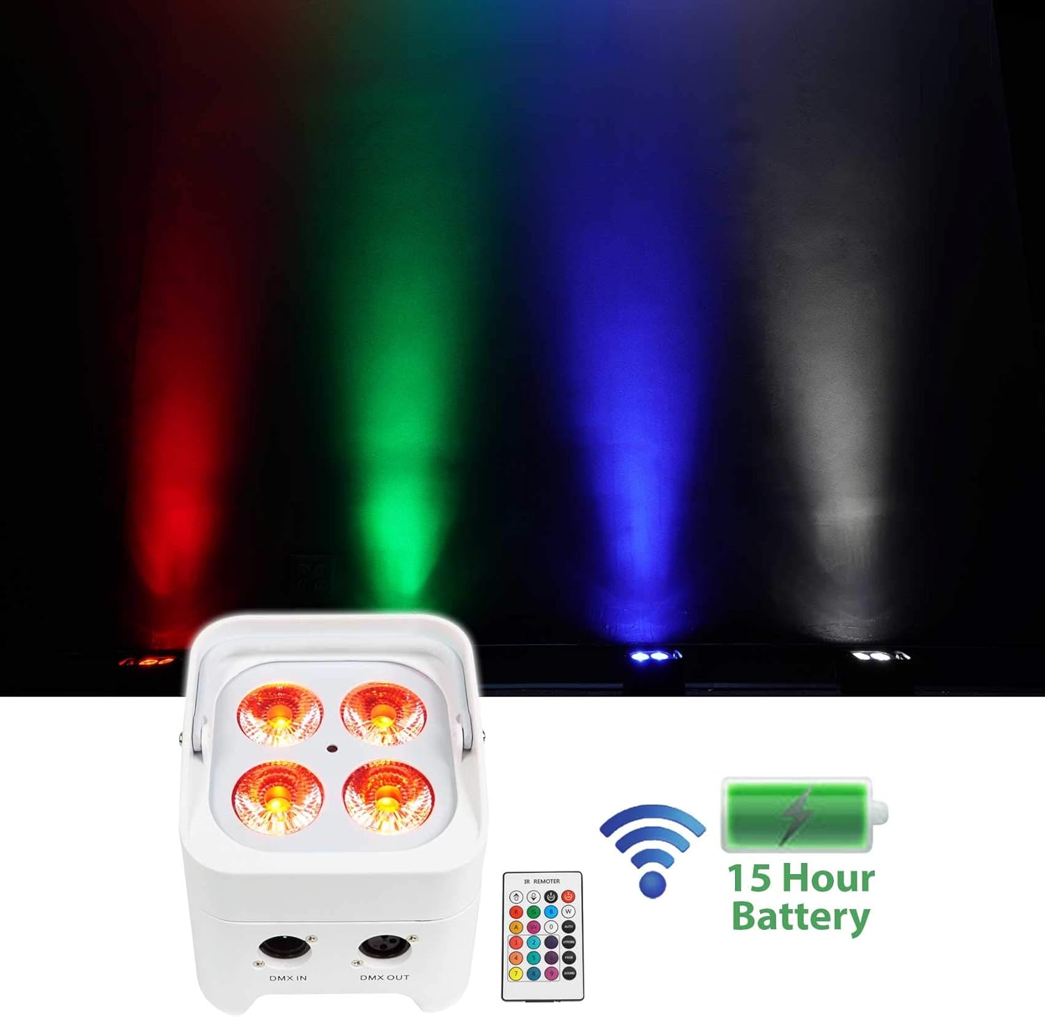 Rockville Best PAR 50 White Bundle: (2) Rechargeable Par Wash Up-Lights with Wireless DMX RGBWA+UV, ROCKFORCE W4 384 Channel Wireless DMX Lighting Controller with MIDI, 3-Items