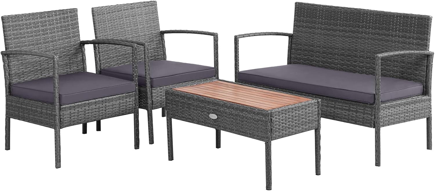 Tangkula 4 Pieces Rattan Patio Conversation Set, Patiojoy Outdoor Wicker Sofa with Seat Cushions, Heavy-Duty Steel Frame, Acacia Wood Tabletop, Outdoor Furniture for Poolside, Deck, Garden
