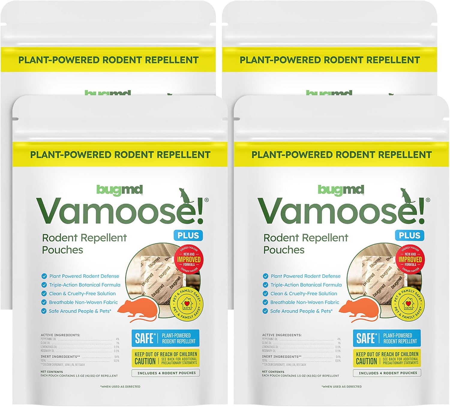 BugMD Vamoose! Plus Peppermint Oil Mouse Repellent Pouches | Natural Mice Repellent Indoor & Rat Deterrent for House, Garage, RV, Car & Storage | Plant-Powered Rodent Control - 4 Pack - 16 Pouches