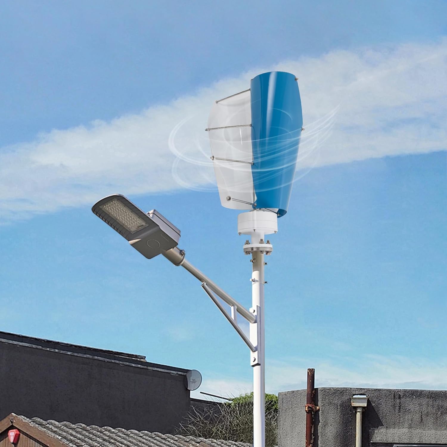 Spiral Wind Power Generator 100W 12V 42.65ft/s Aluminum 2 Blades Vertical Axis Wind Turbine with Controller Low-Noise Home Windmill Kit for Marine, Home, Business Energy Supply (White&Blue)