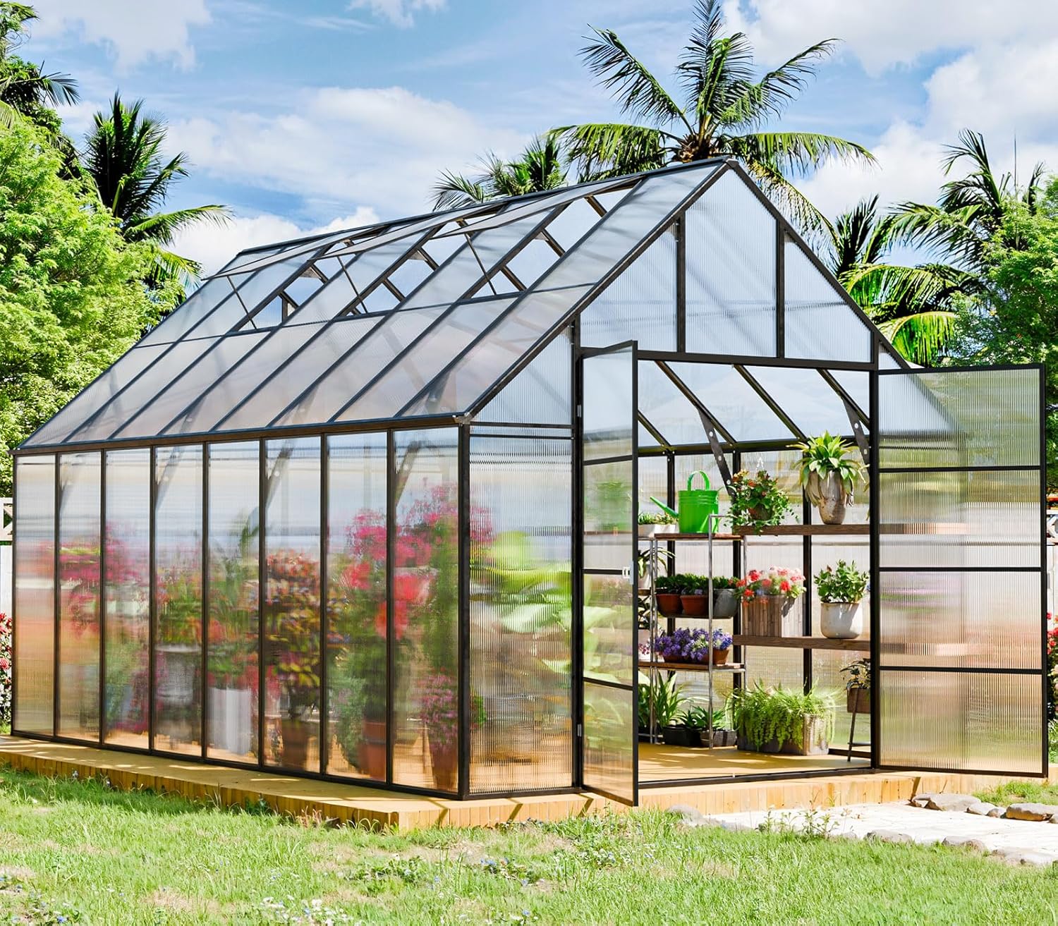 Outdoor Polycarbonate Greenhouse Kit,16x10x10 FT Large Outsides Aluminum Frame Heavy Duty Green House with Transparent Panels Windows Door for Backyard Garden,Walk in Plant Greenhouses,Black Frame