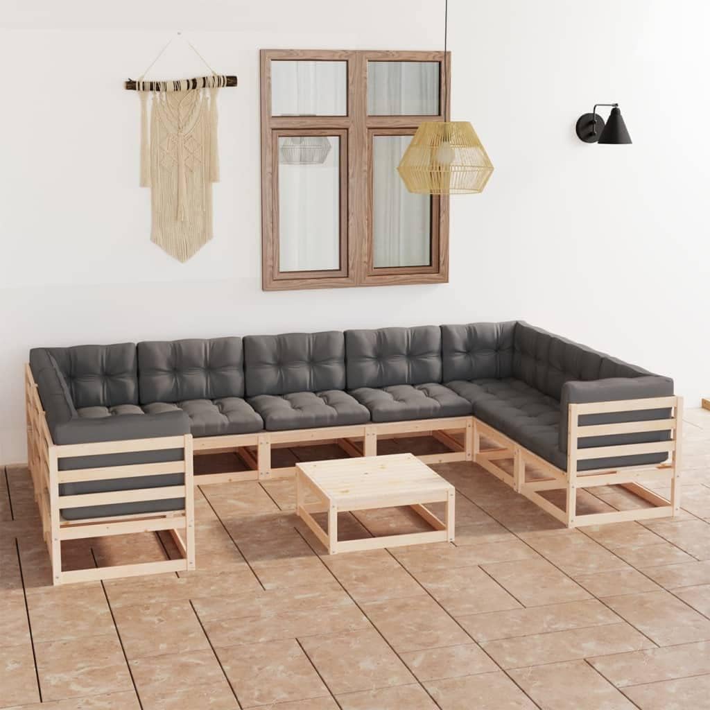 10 Piece Patio Lounge Set with Cushions Solid Wood Pine,Sturdy Pinewood Outdoor Patio Lounge Set with Gray Cushions for Relaxing and Entertaining Patio Furniture Sets, Outdoor Furniture Sets