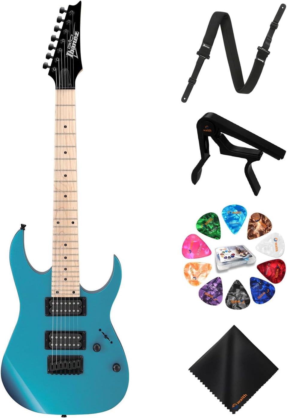 Ibanez GRG7221MMLB 7-String Electric Guitar (Metallic Light Blue) - Right Handed Bass with GSF50 Powerpad Strap, String Capo, 15 Pack Guitar Picks with Storage Box & Cleaning Cloth (Bundle Set)
