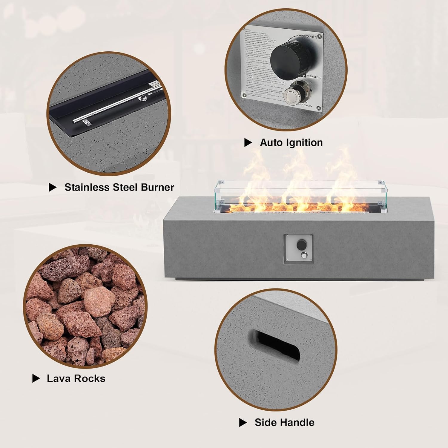 2-Piece Outdoor Propane Fire Pit Table Set – Premium Marble-Like MgO Finish, 56-Inch Gas Fire Table with Glass Wind Guard for Patio, Garden & Backyard, Includes Rain Cover & Lava Rocks