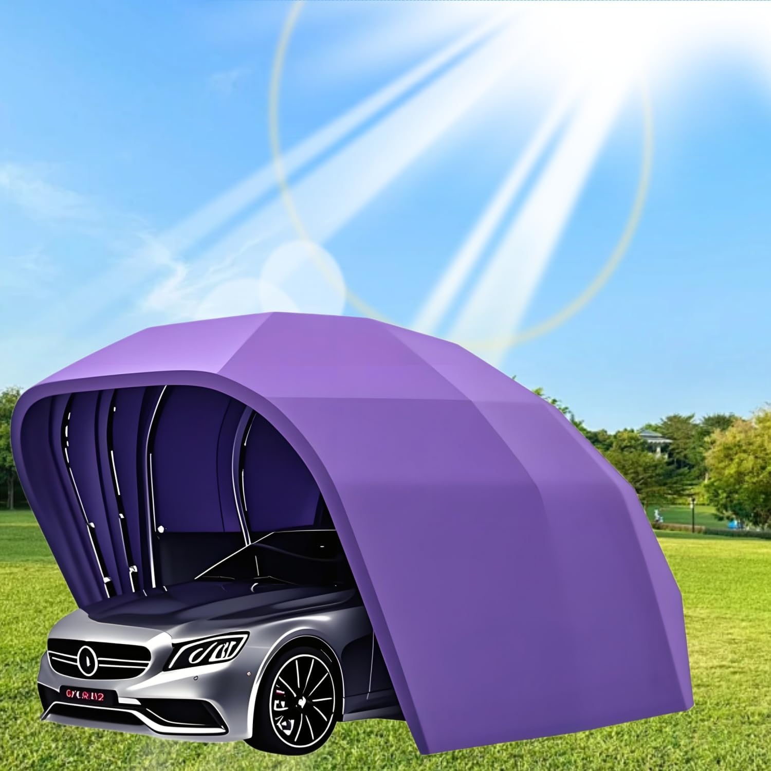 Stainless Steel Folding Carport, Retractable Garage All-Season Tarp, Outdoor Heavy Duty Car Tent for Backyard, Parking Lot, Garden, Purple,Fullyautomatic,6.4 * 2.8 * 2.65m
