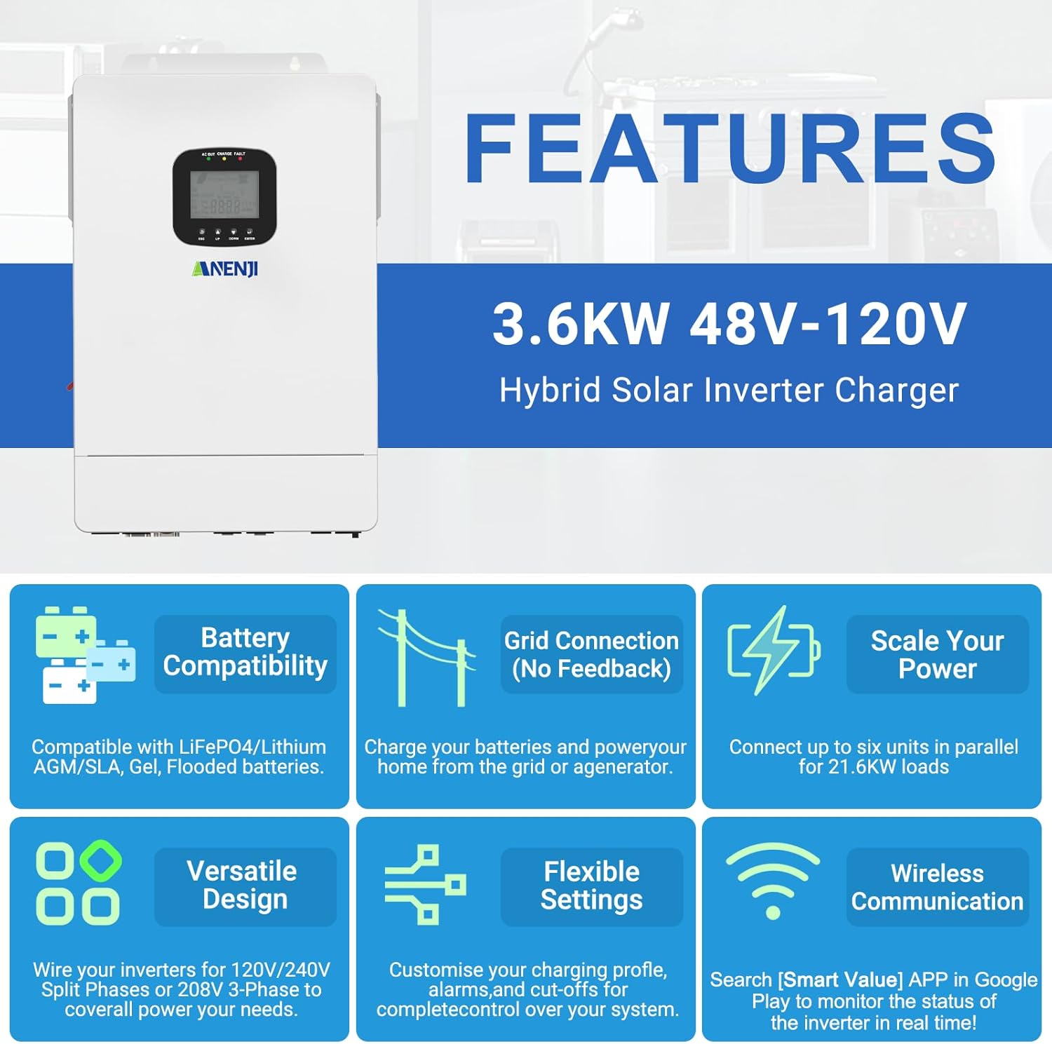 3600W Hybrid Solar Inverter 48V DC to 110V AC, Pure Sine Wave, Built-in 80A MPPT Controller, 98% Efficiency, Support Parallel 6 Units, Solar & Generator Input, for Home On/Off-Grid Systems