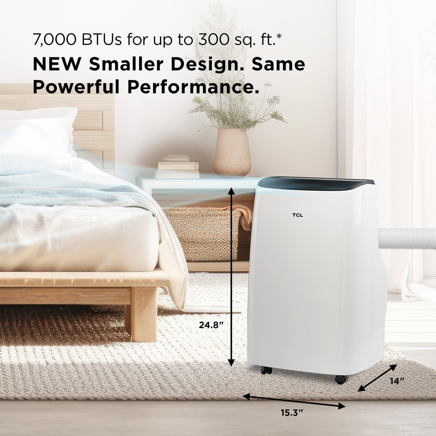 TCL H7P38W 7,000 SACC BTU Smart Portable Air Conditioner, Fan & Dehumidifier, 300 Sq. Ft, Ultra-Compact Design, Remote Control, Compatible with Alexa/Google Assistant, Install Kit Included, White