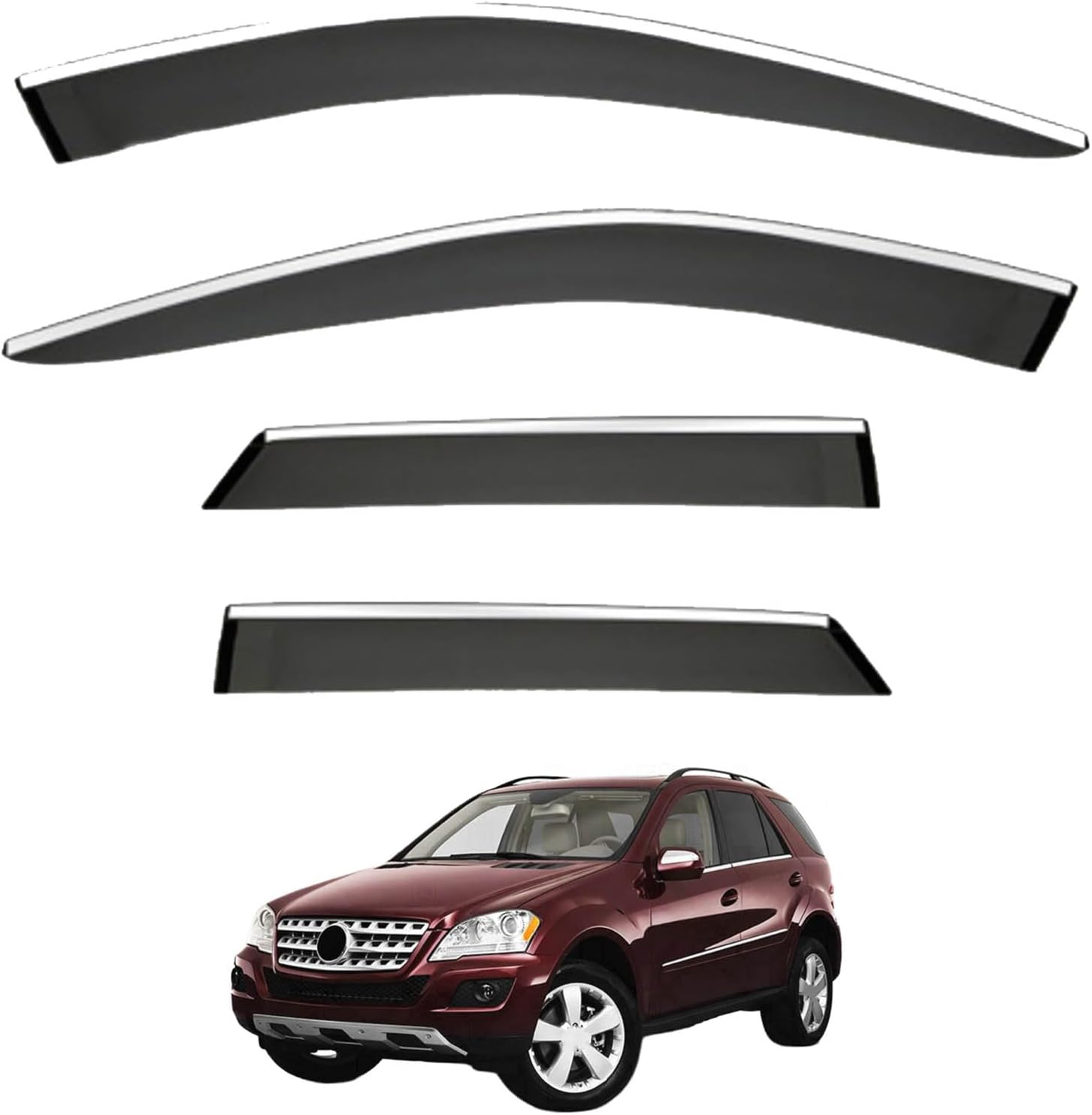 Window Deflectors for Benz M-Class MK2-W164 2006-2011, Sun Rain Guard Window Visors Vent Shades with Bright Stripes Car Accessories