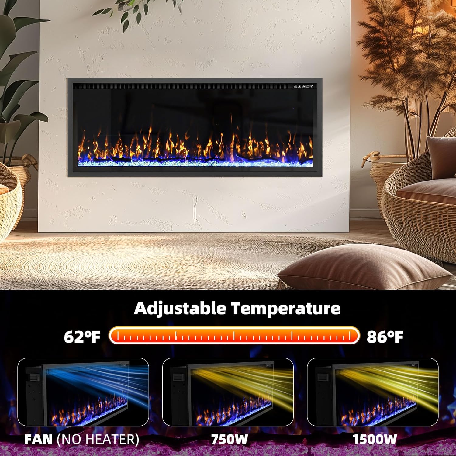 50 Inch Electric Fireplace Aluminum Frame-Ultra Silm Fireplace Recessed/Wall Mount, Log, Driftwood & Crystal Option, Wall Fireplace Electric w/Remote Control, Thermostat, Timer, 750w/1500w