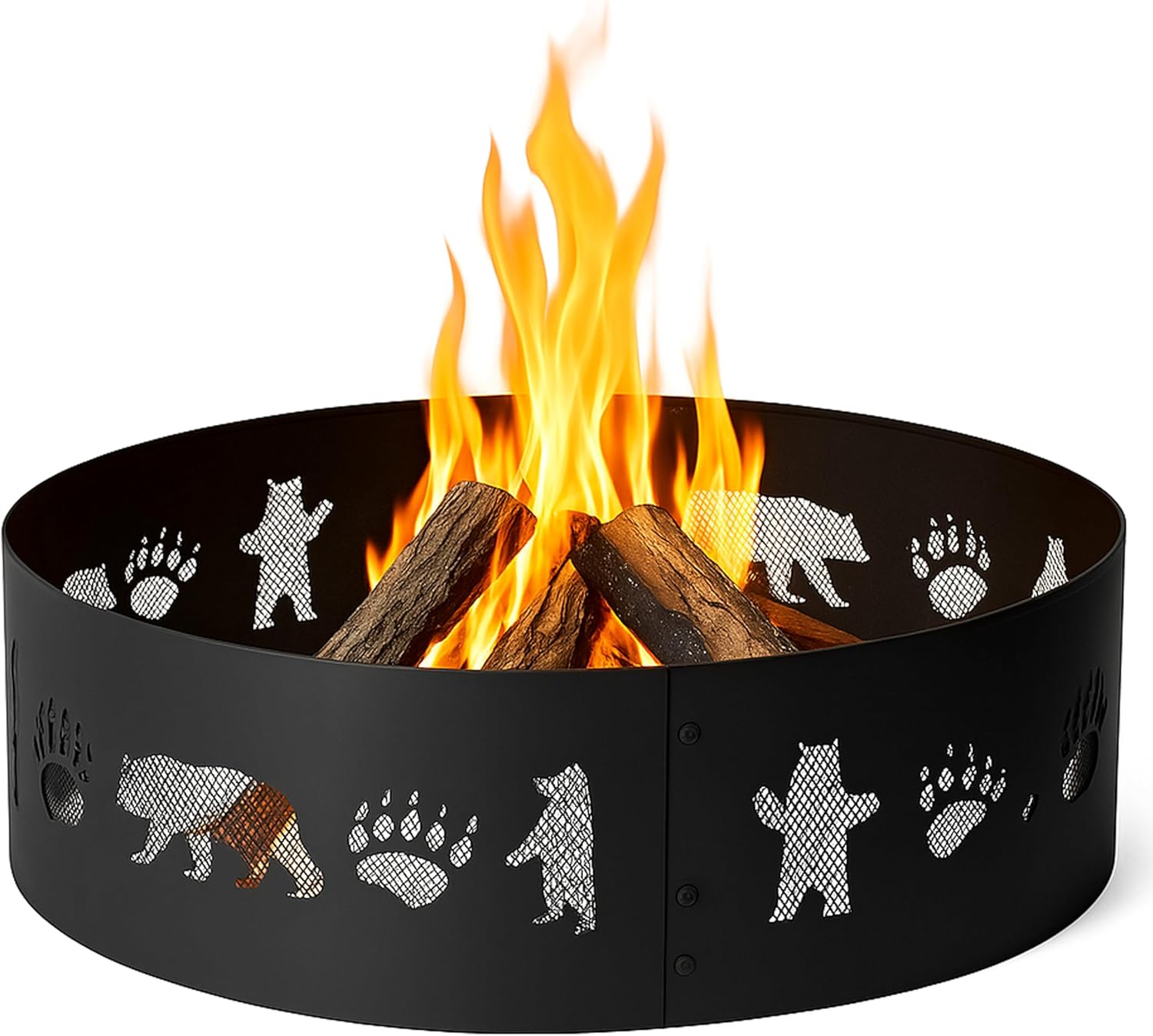 Cuisiland Outdoor Fire Pit Ring, 36 Inch Heavy-Duty Steel Fire Ring with Bear & Paw Print Cutout, Wood Burning Fire Pit Liner for Backyard, Camping, Bonfire & Patio, Rust-Resistant & Easy Assembly