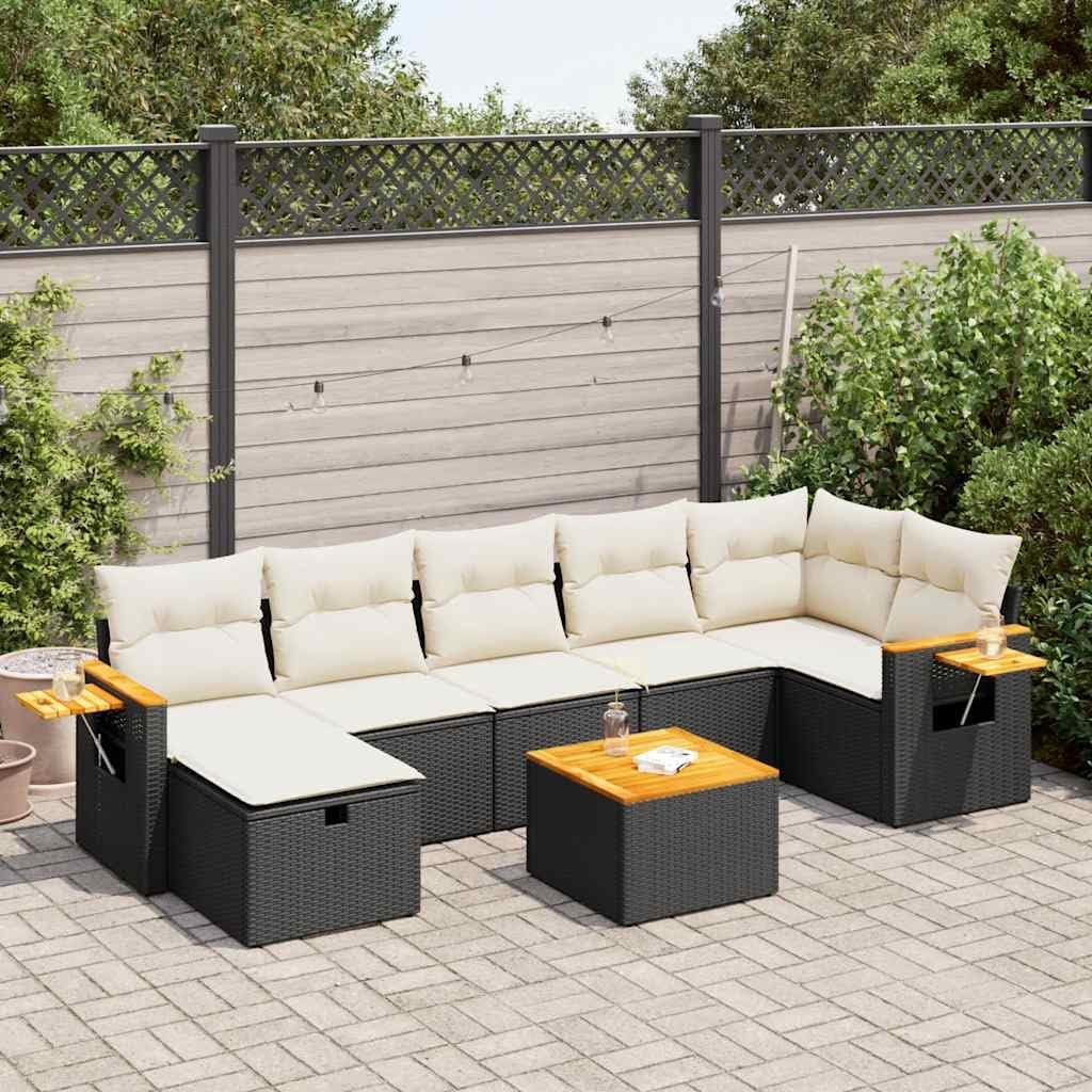 8-Piece Garden Sofa Set, Black and Cream PE Rattan Outdoor Patio Furniture, Modular Seating with Storage, Weather-Resistant for Balcony, Terrace