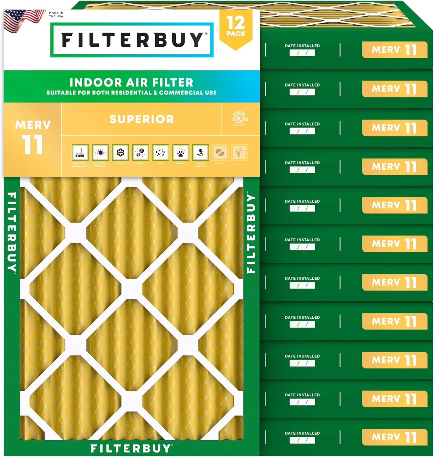 Filterbuy 12x25x2 Air Filter MERV 11 Superior Pet & Allergy Defense (12-Pack), Electrostatic Pleated HVAC AC Furnace Filters Replacement, Made in USA (Actual Size: 11.50 x 24.50 x 1.75)