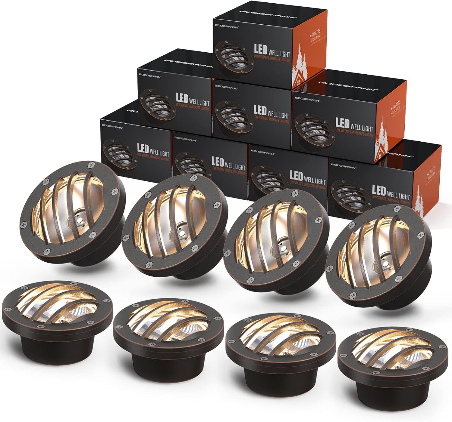 GOODSMANN 8Pack Low Voltage Well Lights Kits 4Watt LED Outdoor Landscape Lighting 200 Lumen Rubbed Bronze Yard Inground Uplights 3100K Warm White Metal Tree Well Light 12V Weatherproof Spotlight Set