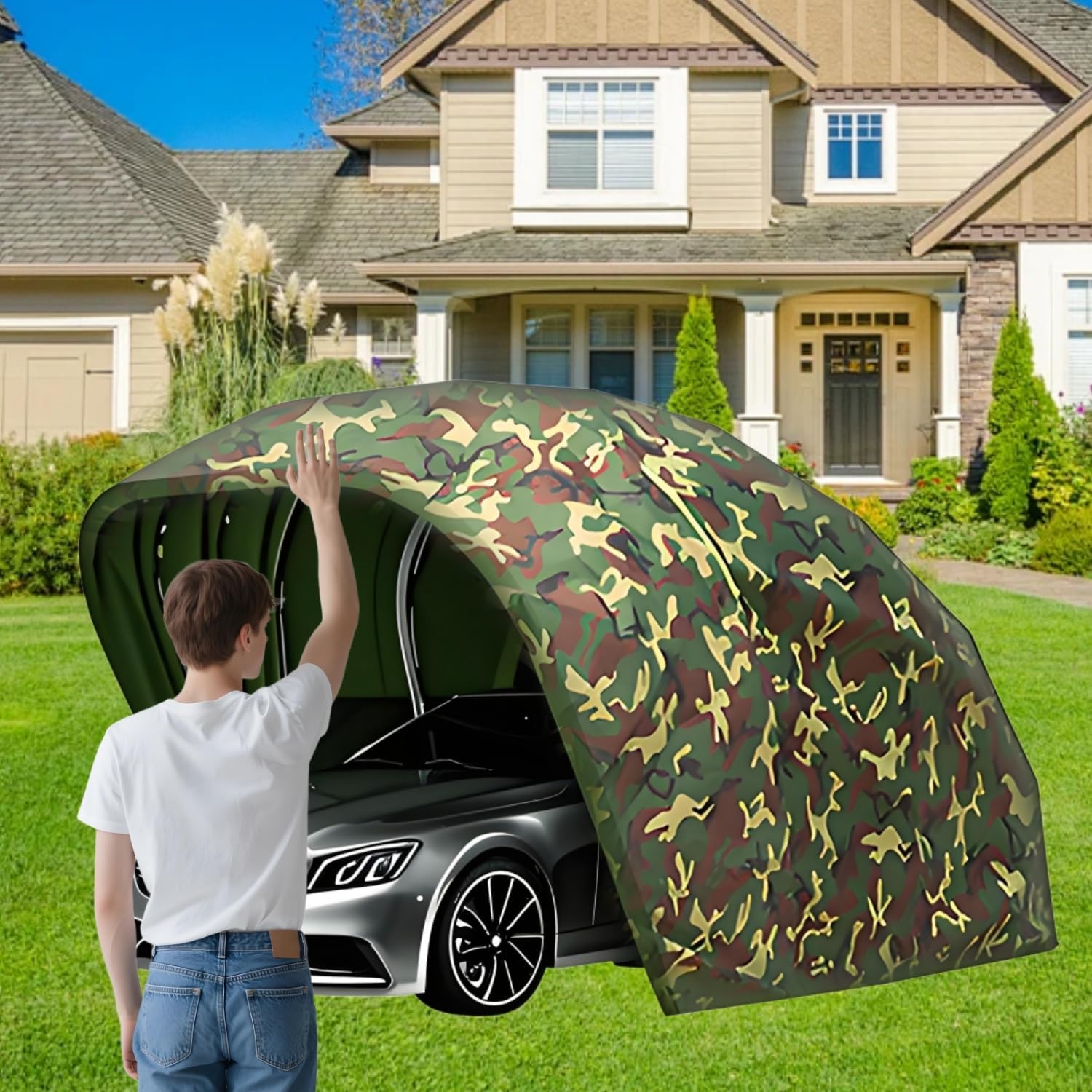 Foldable Heavy Duty Car Garage, Stainless Steel Foldable Carport, Outdoor Warm Car Tent for Parking Lot, Yard, Garden, Camouflage Color,Fullyautomatic,6.4 * 2.8 * 2.65m