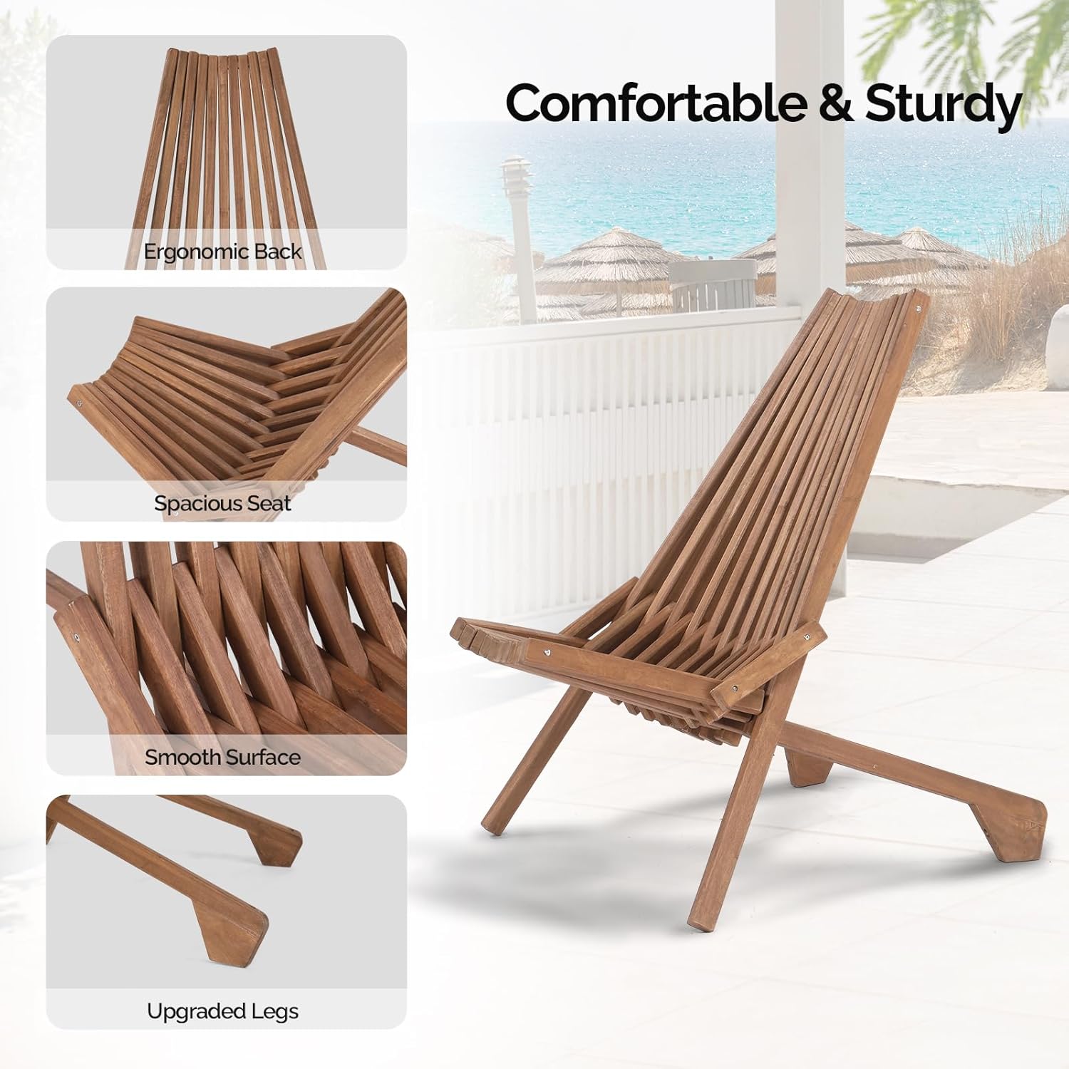 VINGLI FSC Acacia Wood Folding Outdoor Chairs Set of 4,Weather-Resistant Wooden Folding Chairs Patio Chair Furniture Comfy Adirondack Chairs Lounge Chair for Deck Fire Pit Porch Camping,Up to 350LBS