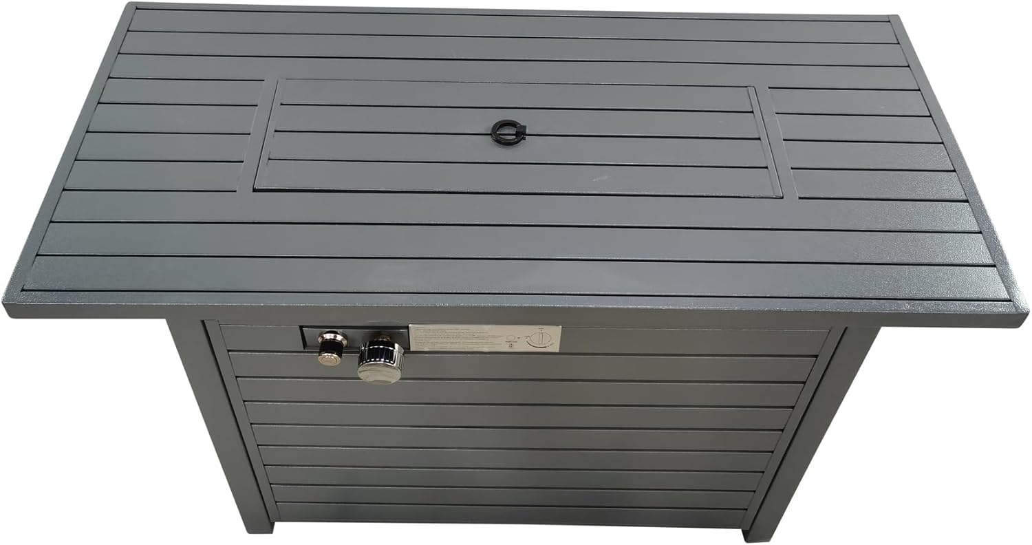 Penau 11 Inch H x 42 Inch L Steel Propane Outdoor Fire Pit Table with Lid - Modern Design, 50000 BTU, Lava Rock Filling, Garden & Patio Use, Gray