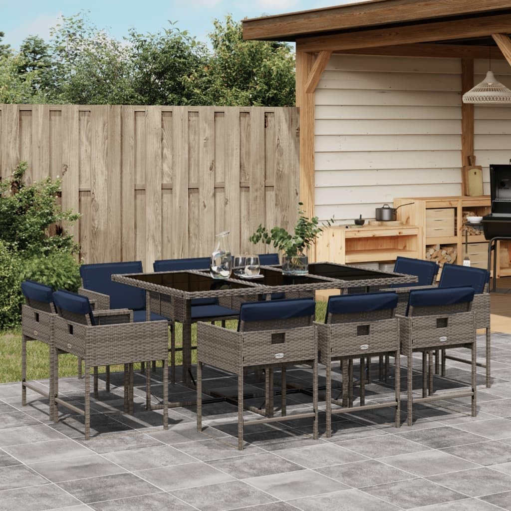11 Piece Patio Dining Set with Cushions Gray Poly Rattan,HighComfort Garden Dining Set: Foldable Chairs, Durable Tempered Glass, for Outdoor Gatherings Furniture Sets for Patio, Lawn & Garden