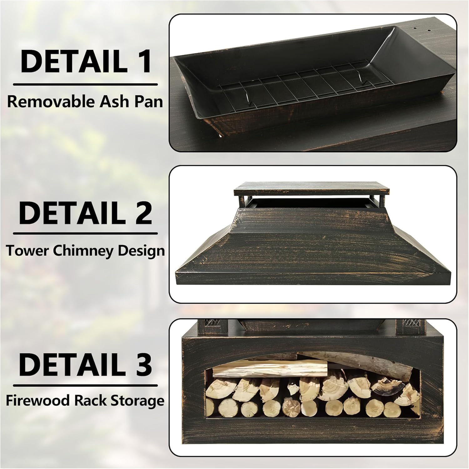 Steel Fire Pits for Outside Wood Burning, 37-Inch Rectangular Outdoor Fireplaces with Chimney & Fire Poker, Large Firepit & Fire Table for Backyard Patio Party Camping Picnic