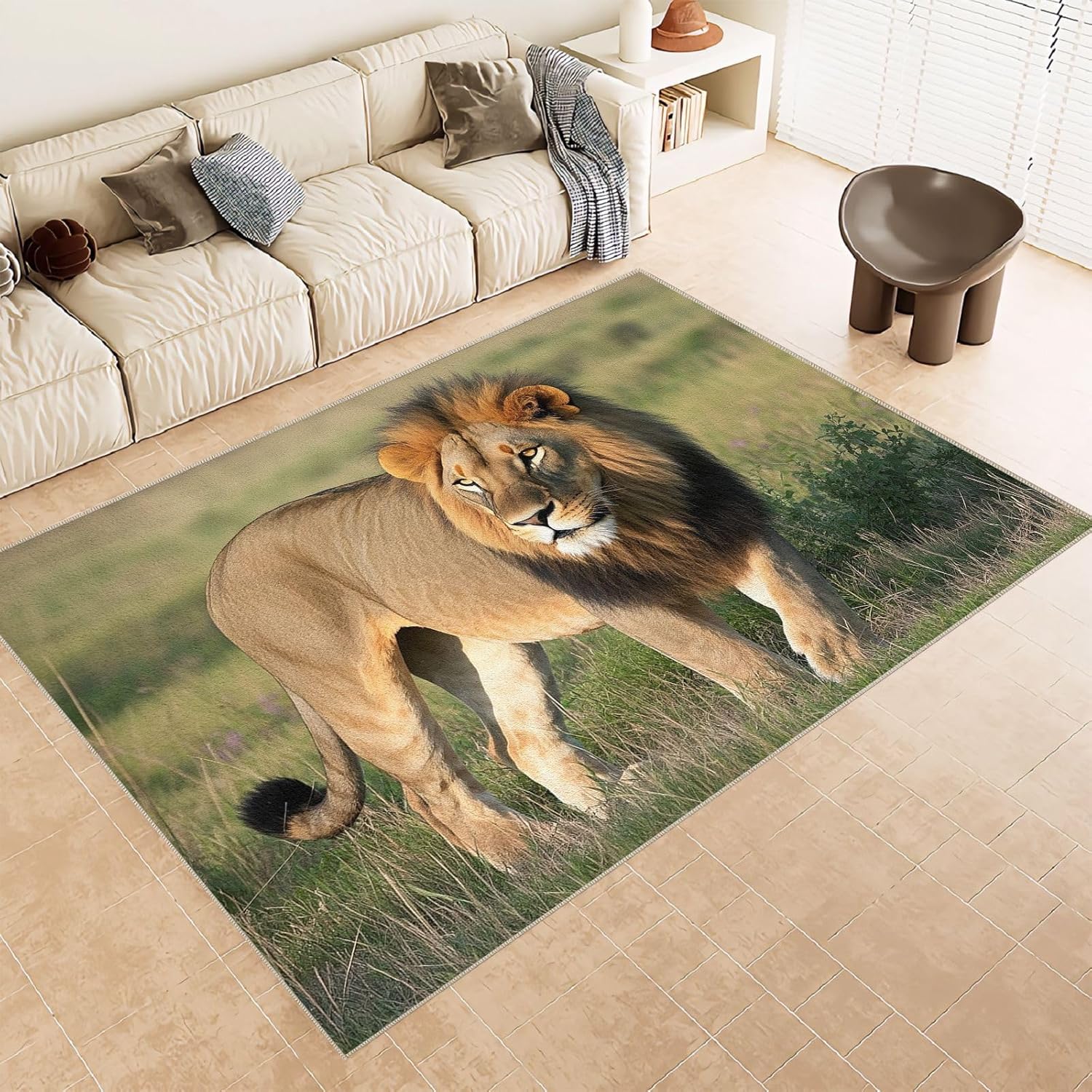 Lion 8x10 Area Rugs Wilderness Area Rug, Ultra Soft Faux Wool Retro Rugs for Bedroom, Dining Room, Non Slip&Non-Shedding Low Pile Print Rug Indoor Large Carpets for Home Office Decor