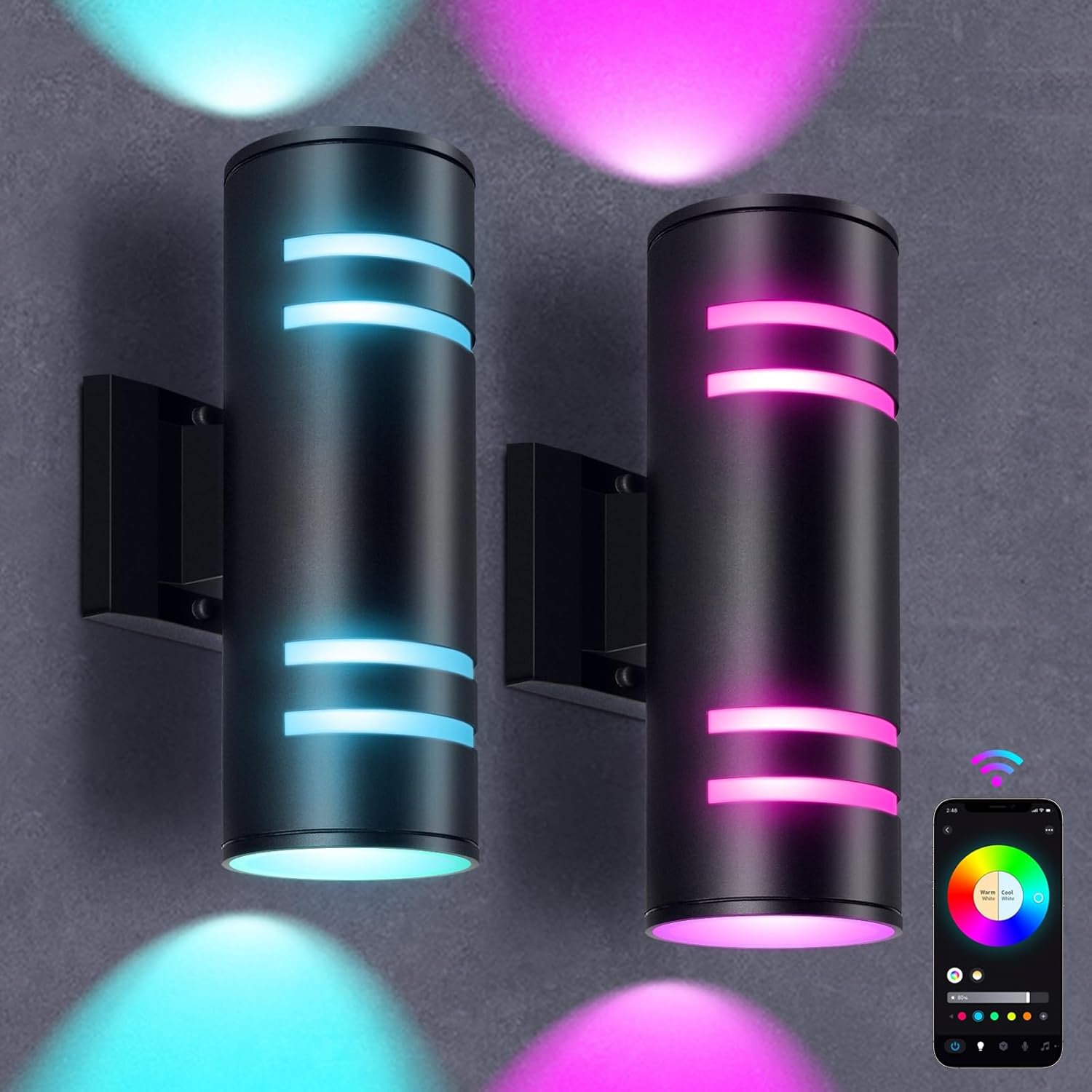 Smart Wall Sconces, IP65 Waterproof Smart Outdoor Wall Lights, 110V Color Changing Dimmable Porch Light Fixture APP Control, Timer Schedule for Porch, Garage