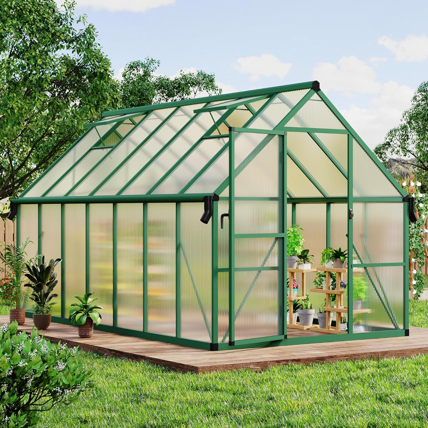 8x14 FT Outdoor Greenhouse, Polycarbonate Greenhouse with Roof Vent and Ground Nails, Aluminum Large Walk-in Green House w/Lockable Push Door for Outside Garden Backyard (Green, 8x14 FT)
