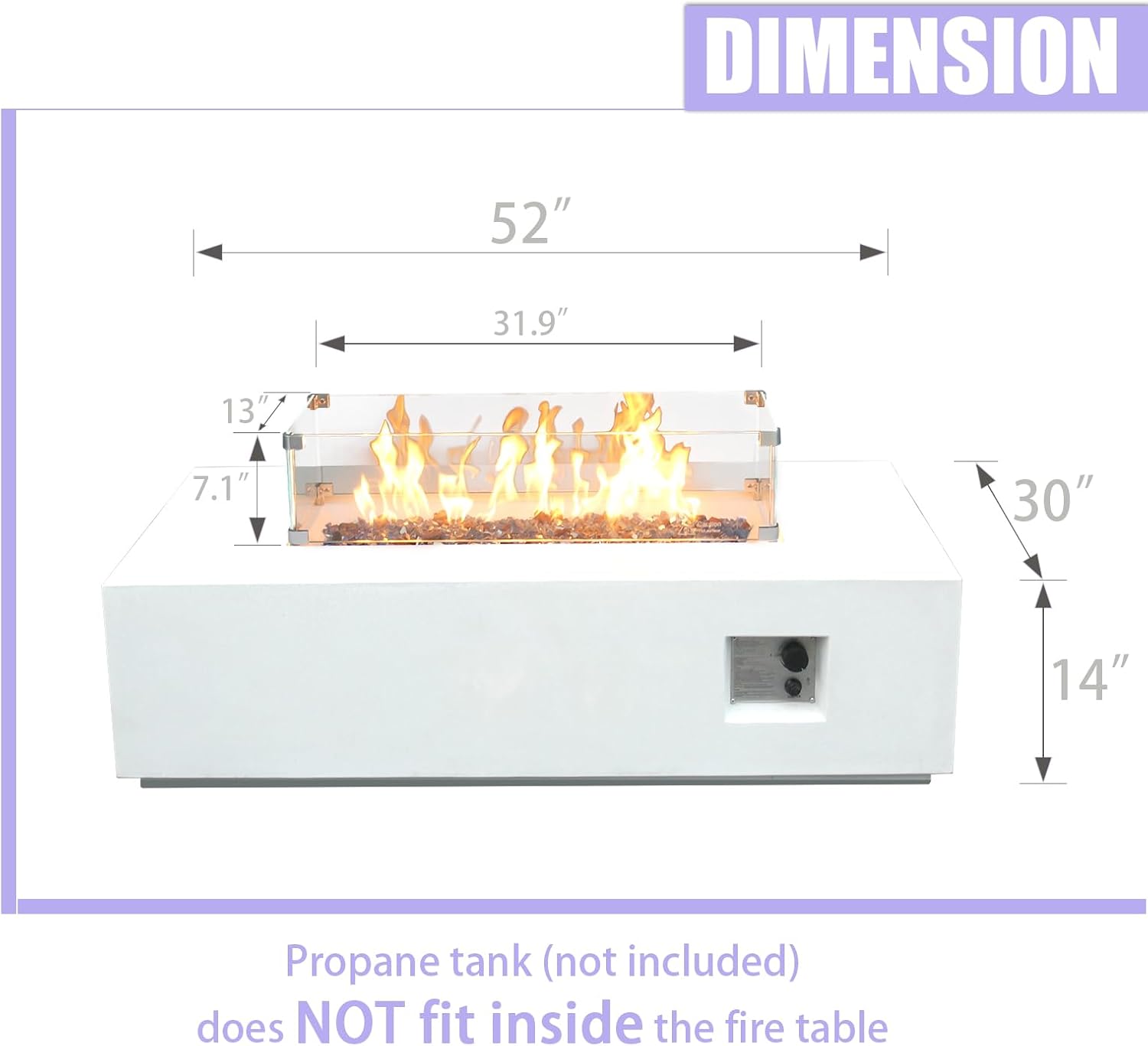 EXPLUX Outdoor Propane Gas Fire Pit Table 65,000 BTU 52-inch Concrete(GFRC) Rectangle Fire Pit for Outside Patio with 304 Stainless Steel Burner,Wind Guard,Crystal Blue Fire Glass,Rain Cover,White