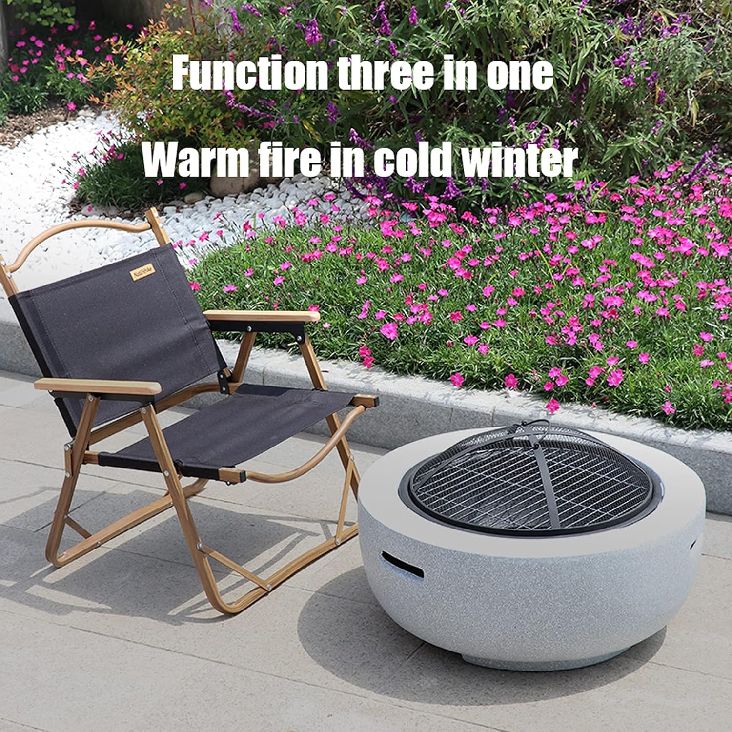 3 in 1Outdoor Party BBQ Fire Pit Table & Grill, Round Wood Burning Fire Pit, Outdoor Garden Heaters with Grill Grate, for Camping/Heating/Bonfire and Picnic