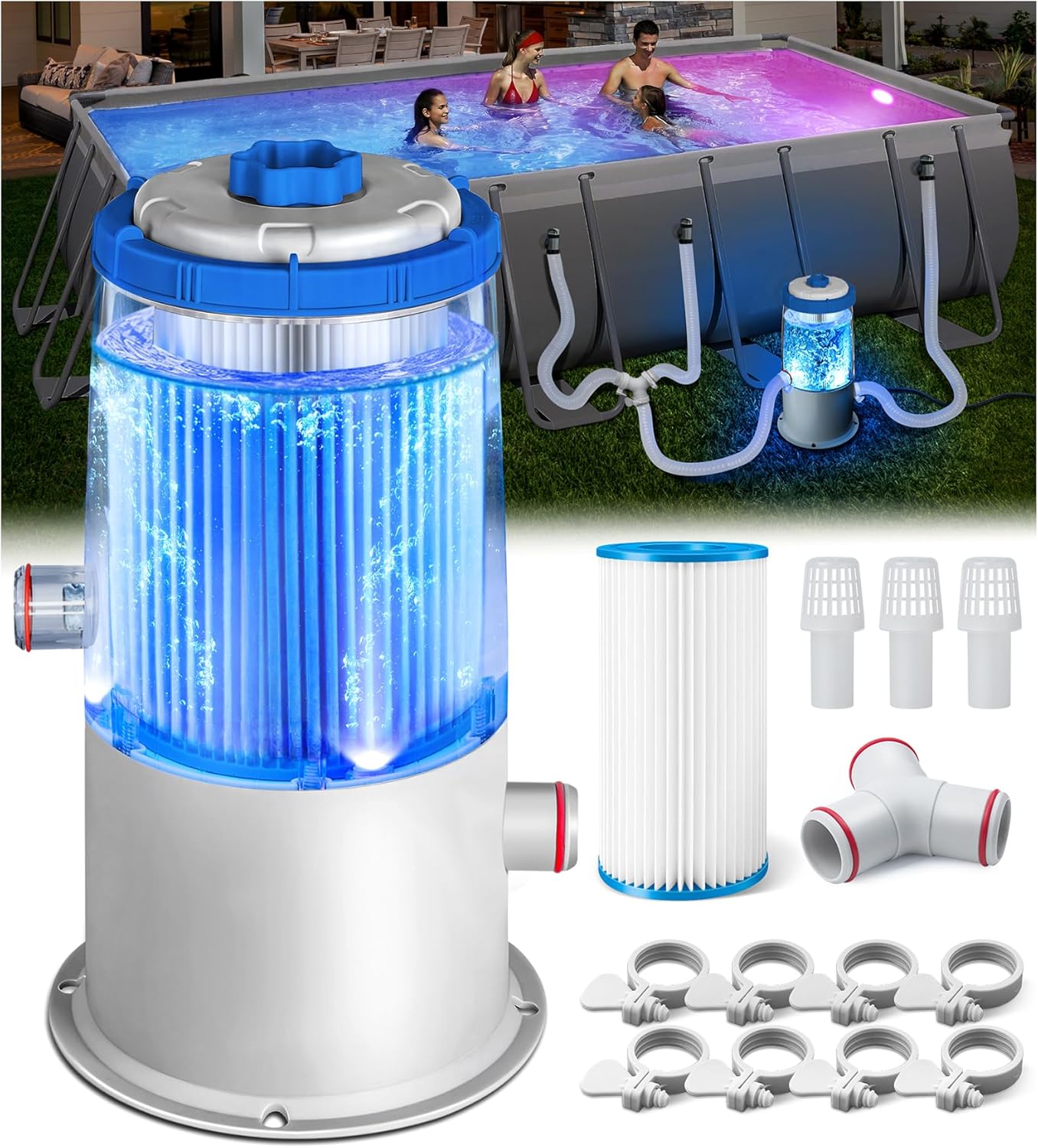 Glowing 1000 GPH Above Ground Pool Filter Pump with Built-in Blue LED Light | Powerful Pool Cartridge Filter Pump System | Enhanced Water Circulation & Filtration up to Clean and Clear Water