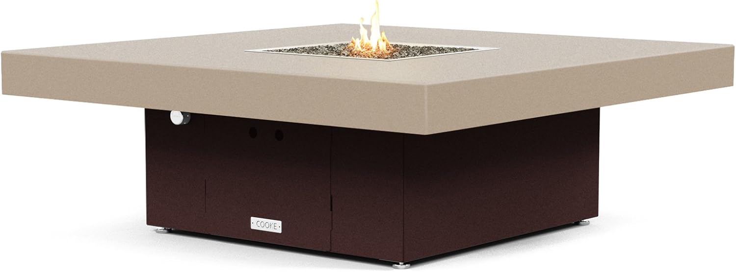 COOKE Santa Barbara 40 x 40 Square Fire Pit Table - Beige Powdercoat Aluminum Top - Propane (Dark Cherry Powdercoat Base)