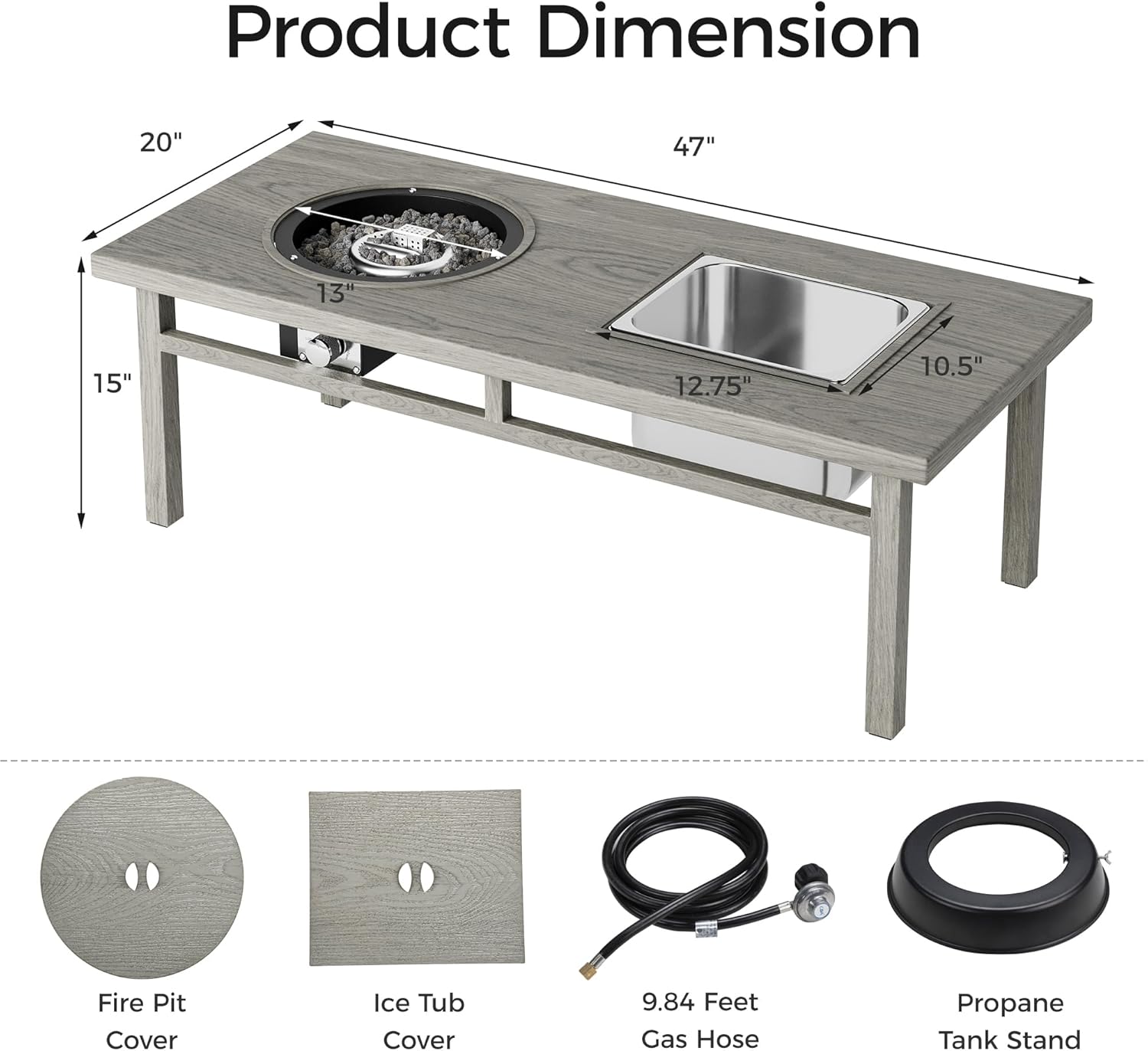 3-in-1 Coffee Table with Ice Bucket and Fire Pit – Beige, Durable Aluminum Table with Wood-Like Grain Design for Outdoor Patio