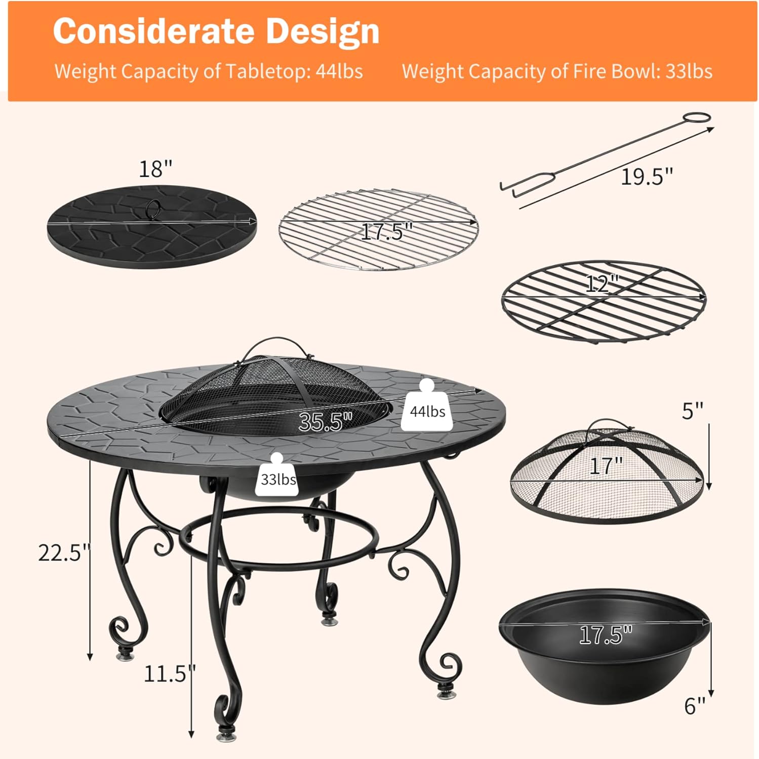 Tangkula Outdoor Fire Pit Table, 4 in 1 36 Inch Round BBQ Garden Fire Bowl with Lid, Bonfire Wood Burning Fire Pit for Outside Backyard Deck Patio, Includes Cooking Grate, Log Grate and Fire Poker