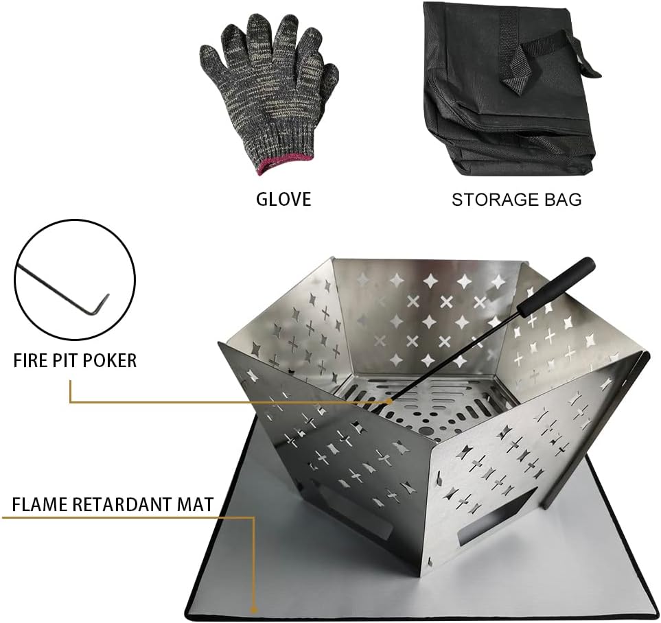 Stainless Steel Collapssible Fire Pit, Folding Firepits for Outside Wood Burning, Foldable Outdoor Accessories for BBQ Camping Travel or Picnic, Foldable Fire Pits Bonfire of Backyard Patio